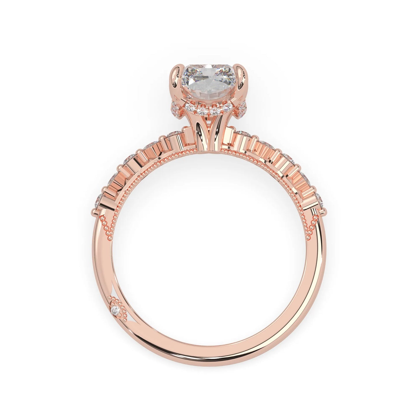 Emerald cut lab grown diamond engagement ring with pavé princess and round diamond accents in rose gold