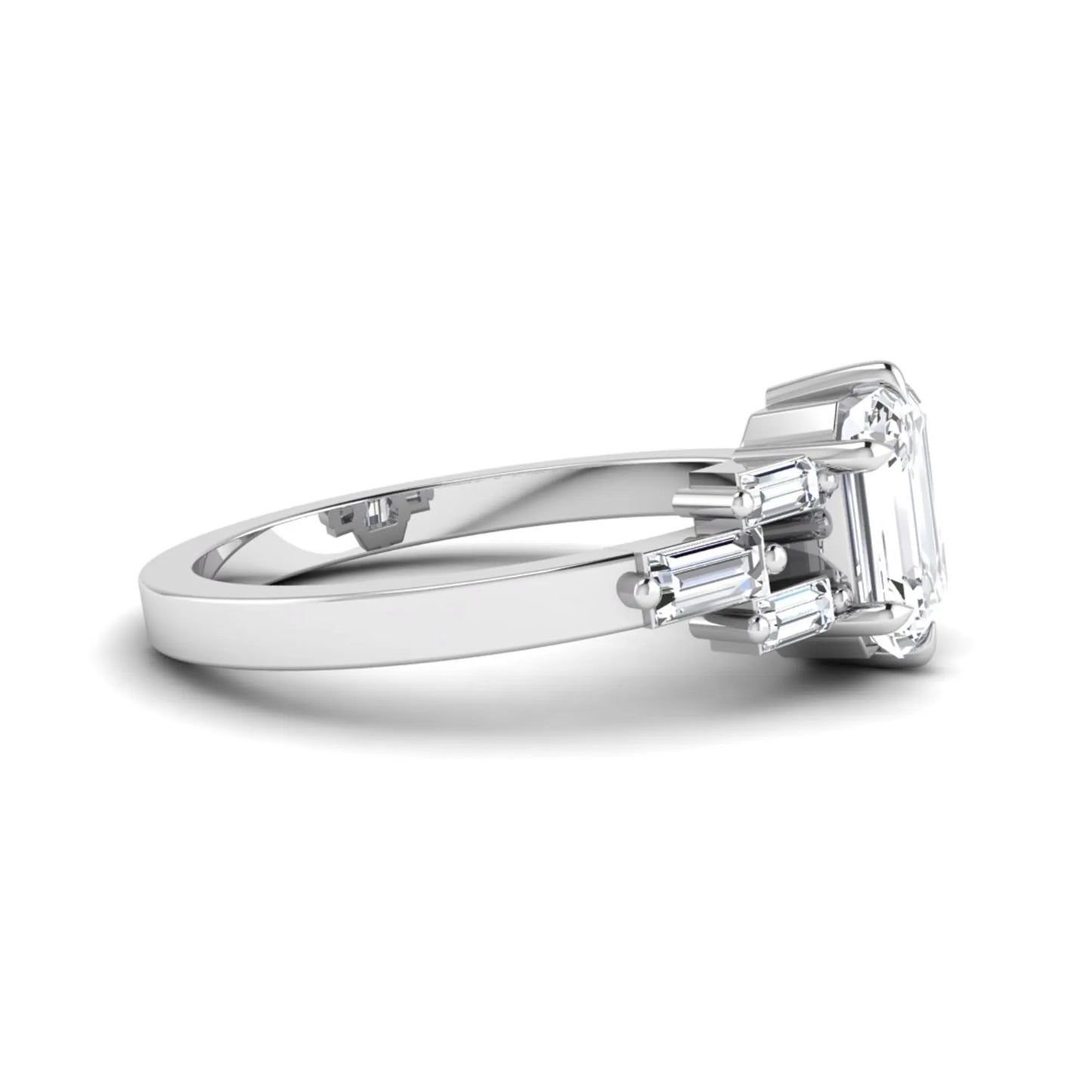 Emerald cut lab grown diamond engagement ring featuring an IGI certified center diamond with three-row baguette diamond shoulders in white gold.