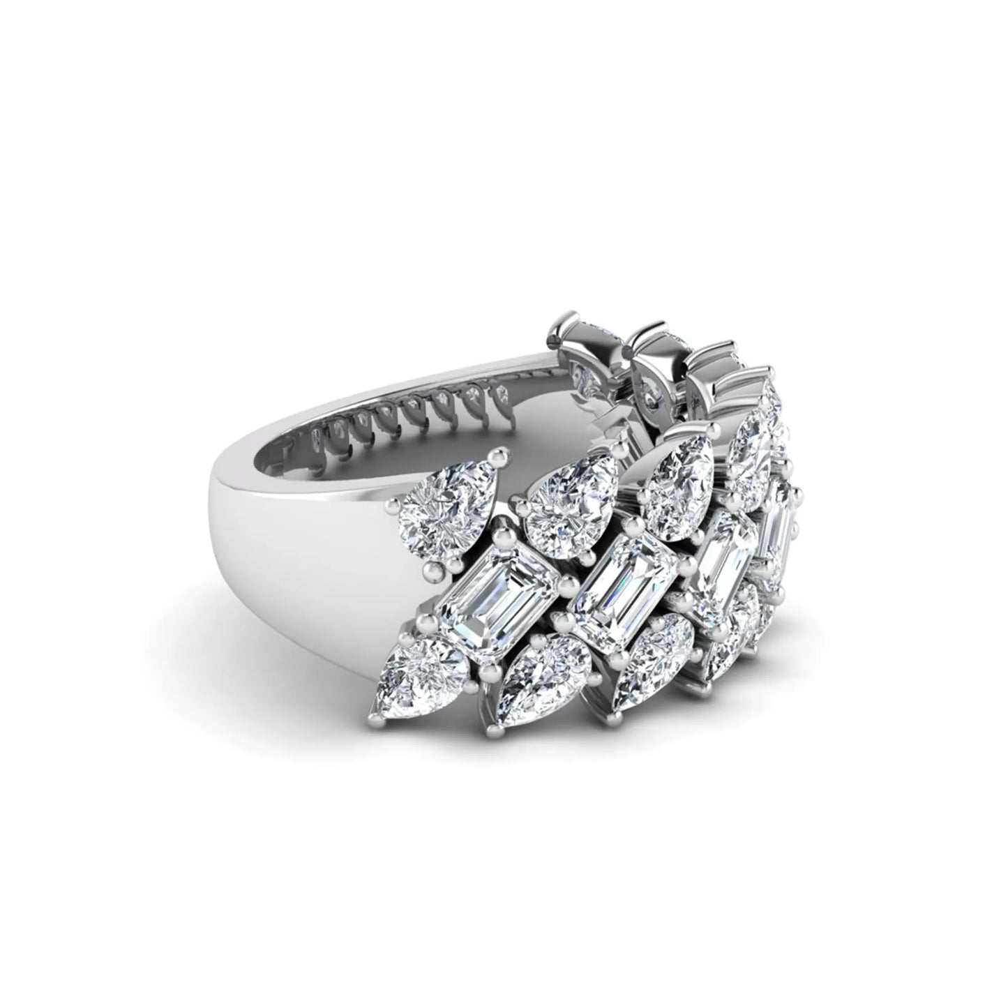 Emerald and pear cut lab grown diamond cluster ring with prong setting in white gold tone wide band design.