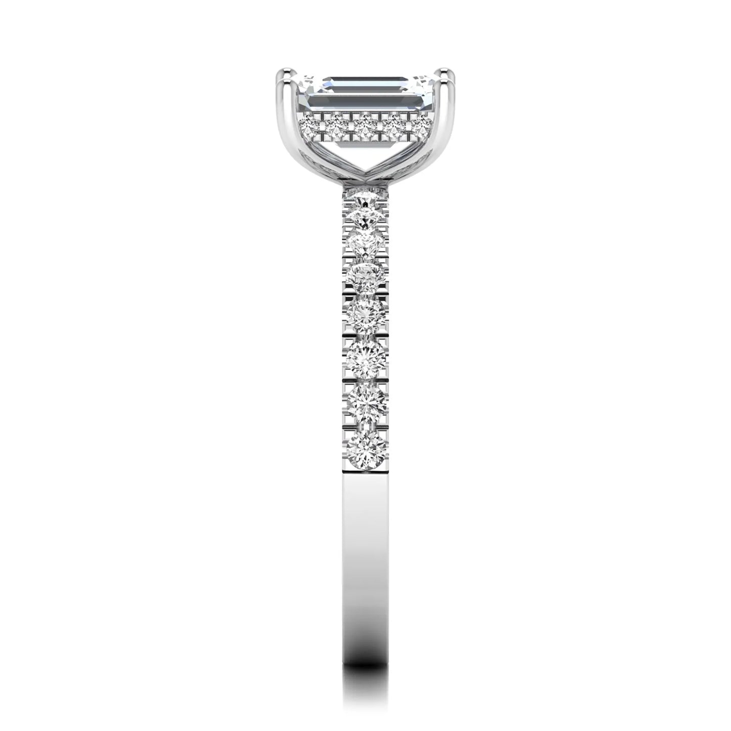 Emerald cut lab grown diamond solitaire ring with round pavé side stones in a four-prong setting and polished white gold finish.