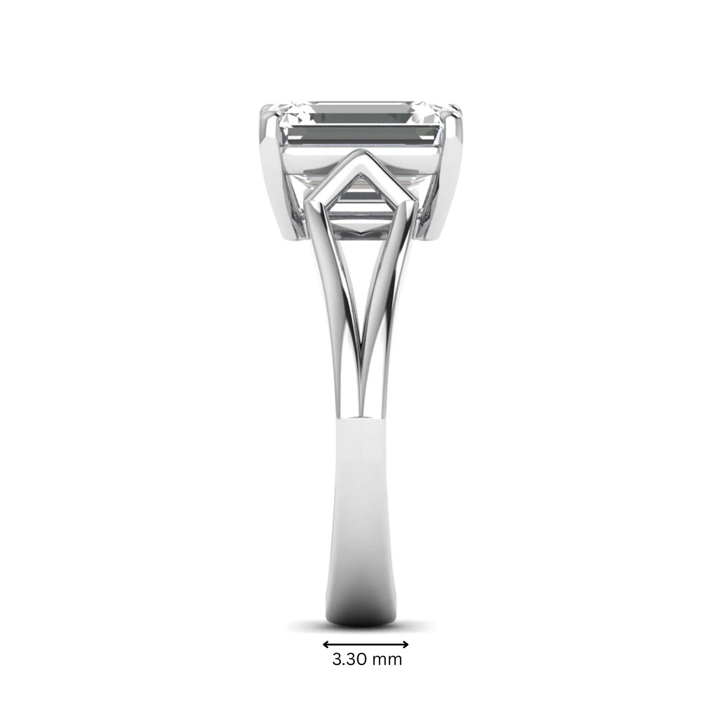 Emerald cut lab grown diamond solitaire engagement ring featuring a four-prong cathedral setting with sculpted split cathedral shoulders in a white gold finish.