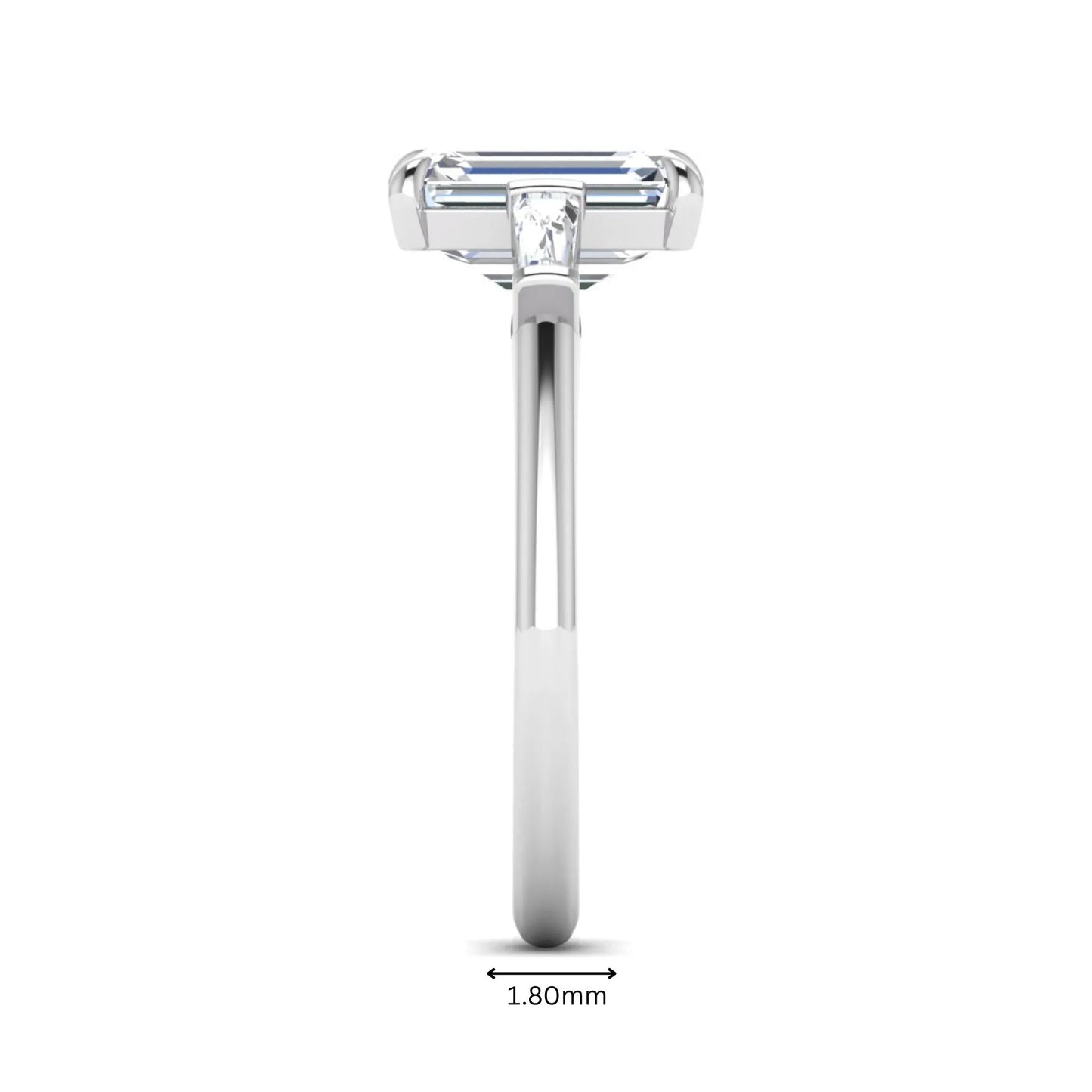 IGI Certified 2.20 carat emerald cut lab grown diamond engagement ring with tapered baguette side diamonds in white gold.