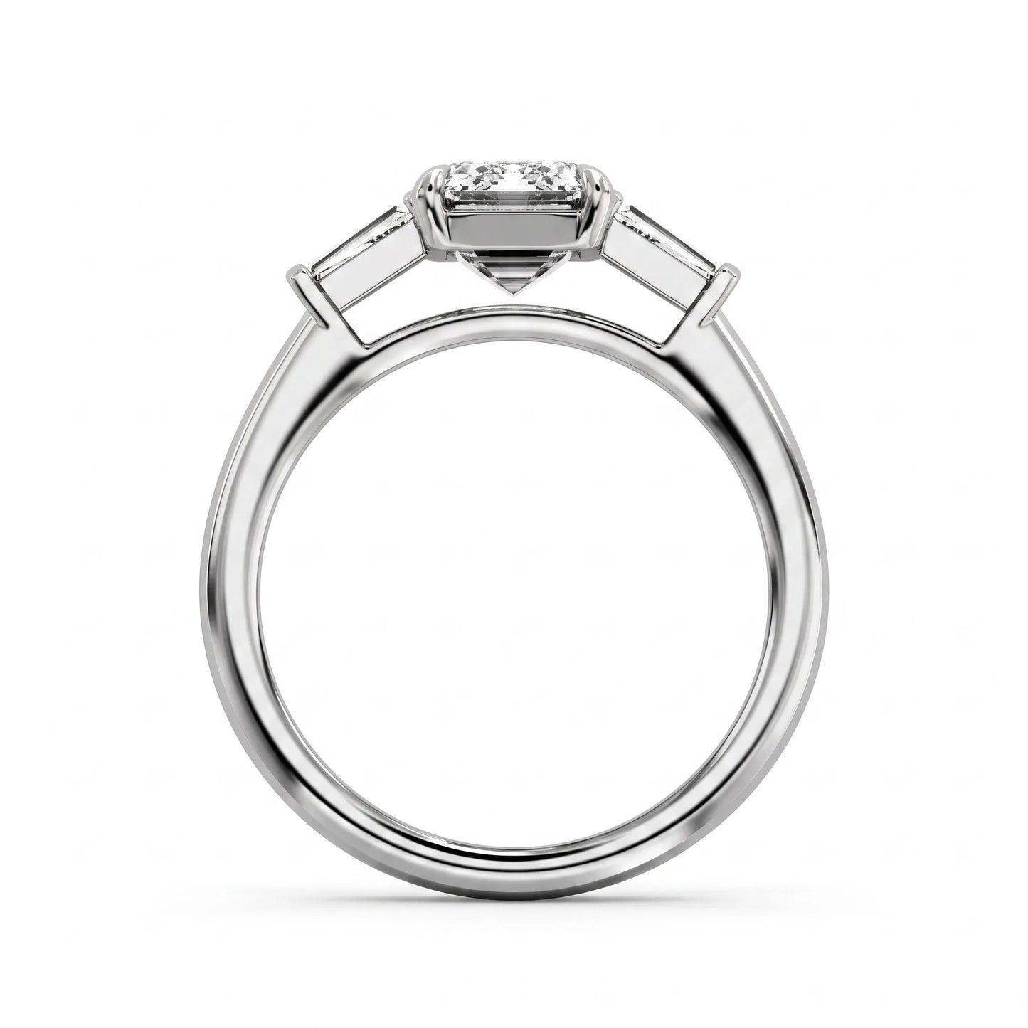 IGI Certified 2.20 carat emerald cut lab grown diamond engagement ring with tapered baguette side diamonds in white gold.