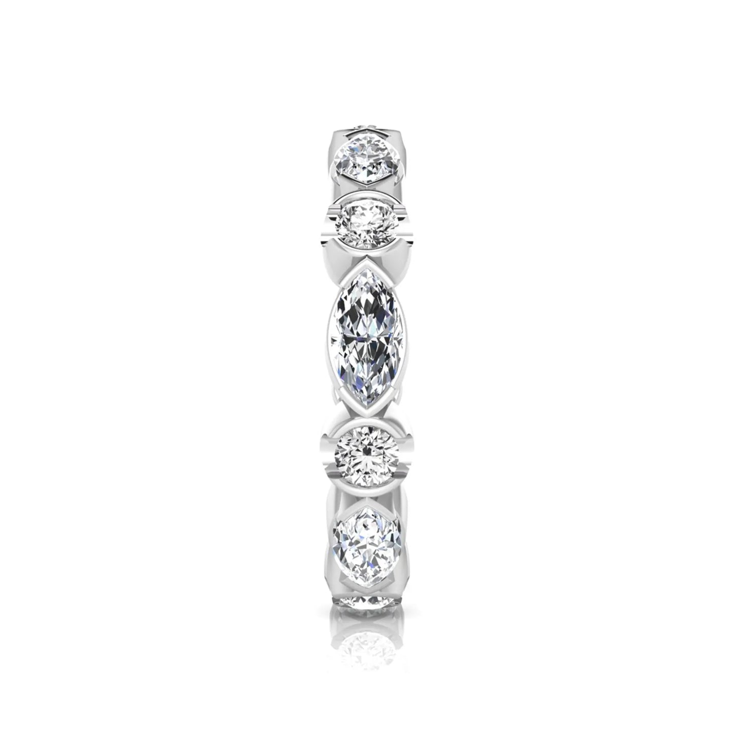 Marquise and round cut lab grown diamond full eternity band featuring alternating diamonds in a modern bezel-inspired setting in white gold