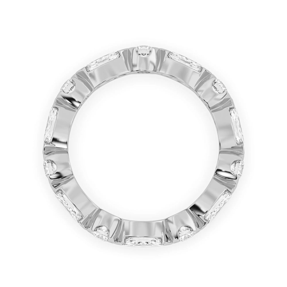 Marquise and round cut lab grown diamond full eternity band featuring alternating diamonds in a modern bezel-inspired setting in white gold