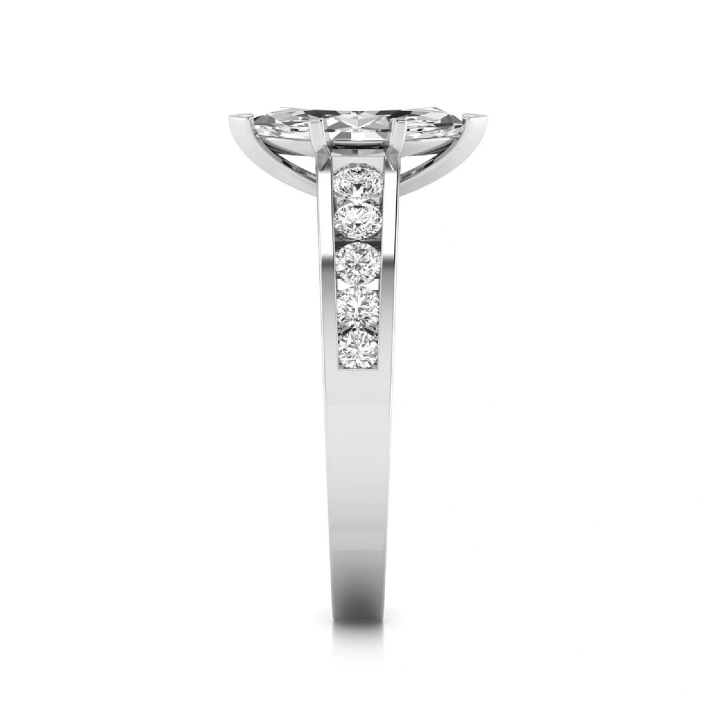 Marquise cut lab grown diamond engagement ring featuring a 0.95 carat IGI certified center diamond with channel set round side diamonds in white gold.