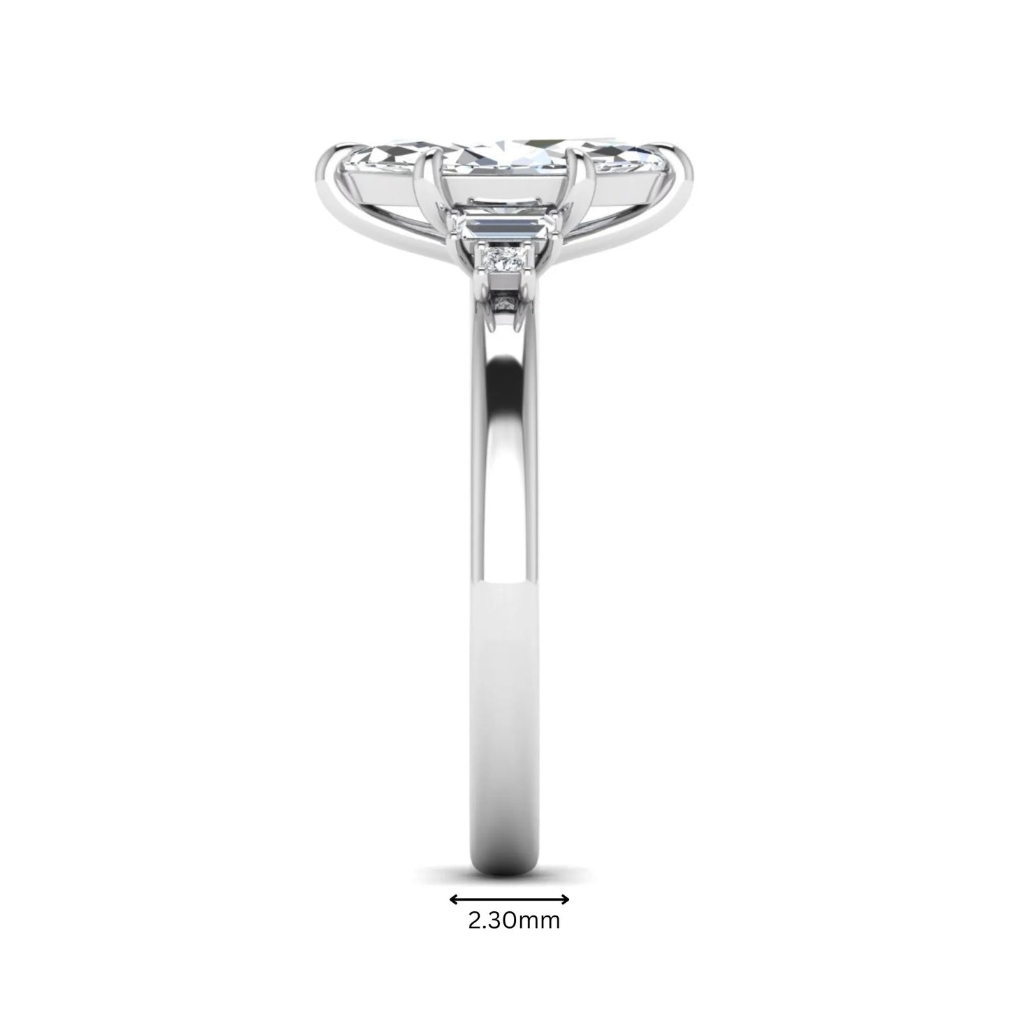IGI certified marquise cut lab grown diamond five stone engagement ring with baguette and princess cut side diamonds in white gold.