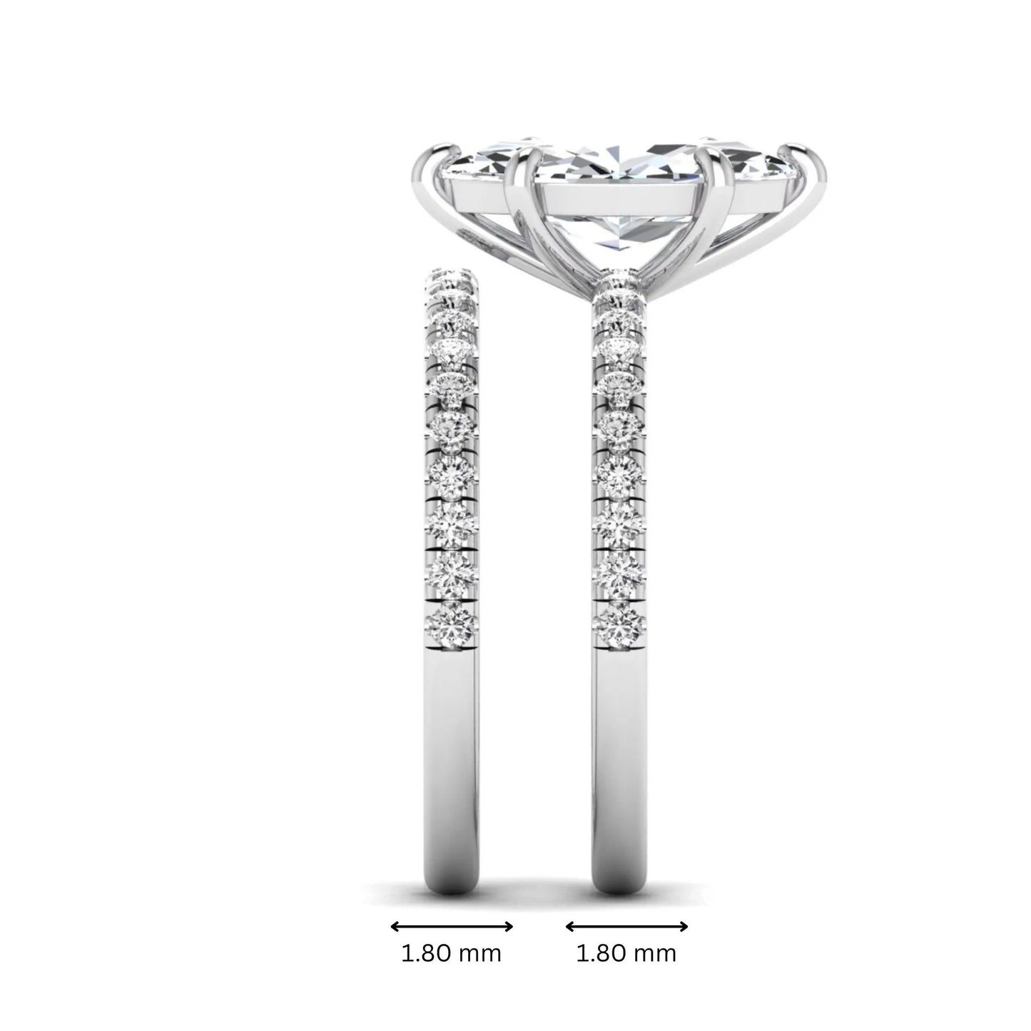 Marquise cut lab grown diamond bridal ring set featuring a pavé solitaire engagement ring with matching diamond wedding band in white gold.