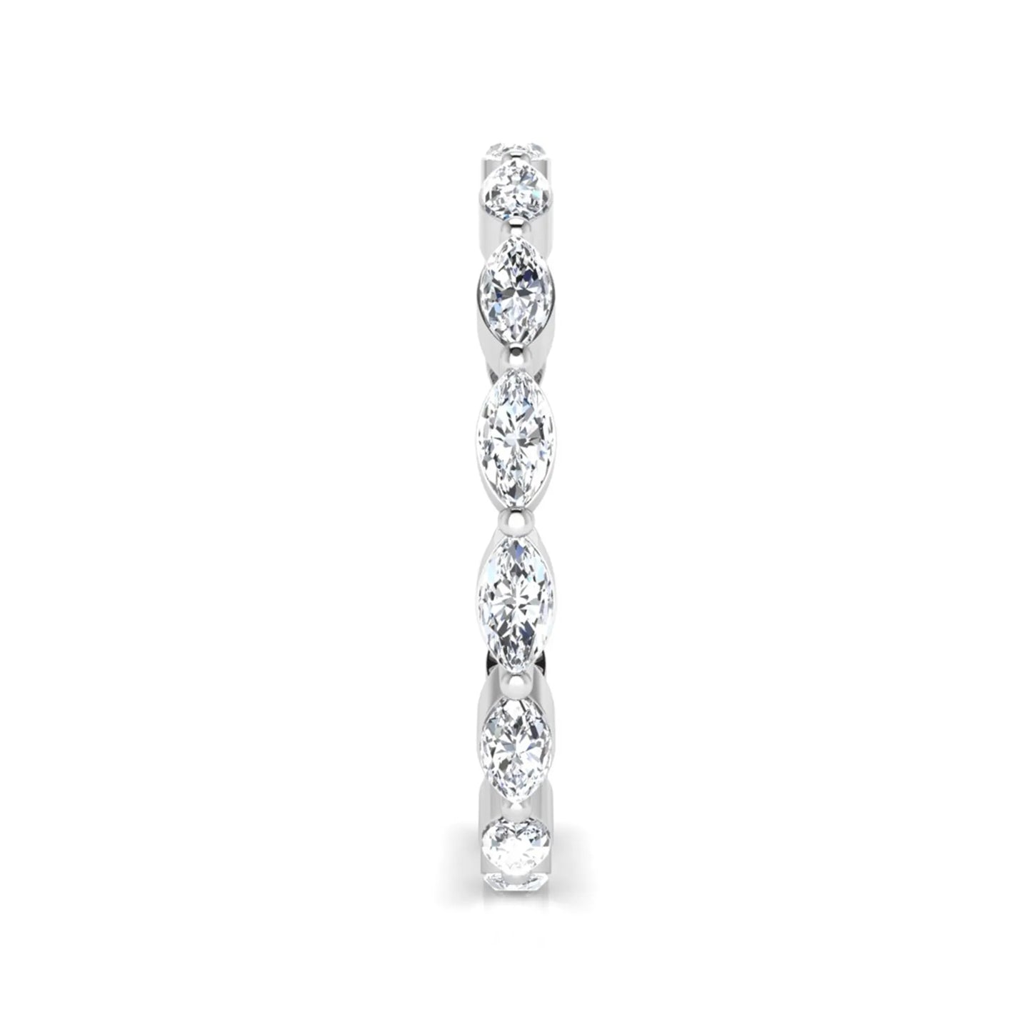 Marquise cut lab grown diamond eternity band ring with shared prong setting in white gold tone