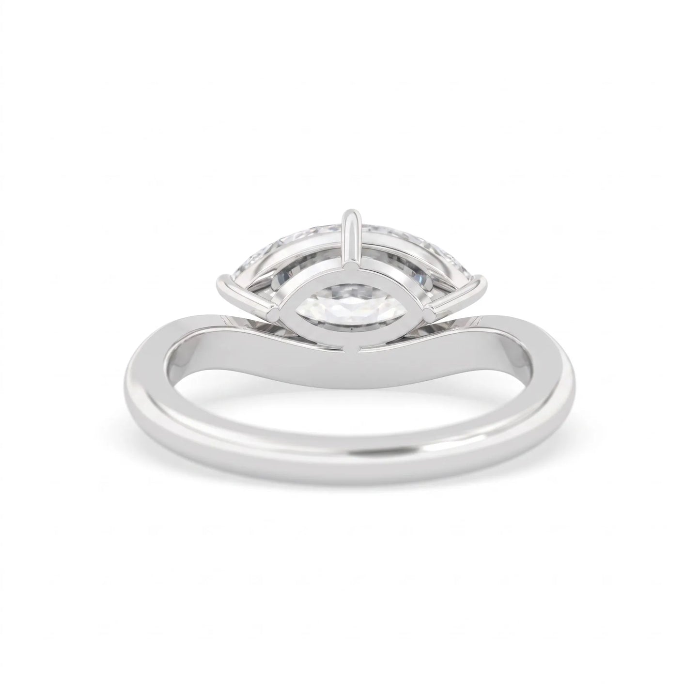 Marquise cut lab grown diamond solitaire engagement ring featuring a four prong cathedral setting with a polished 2 mm band in white gold tone.