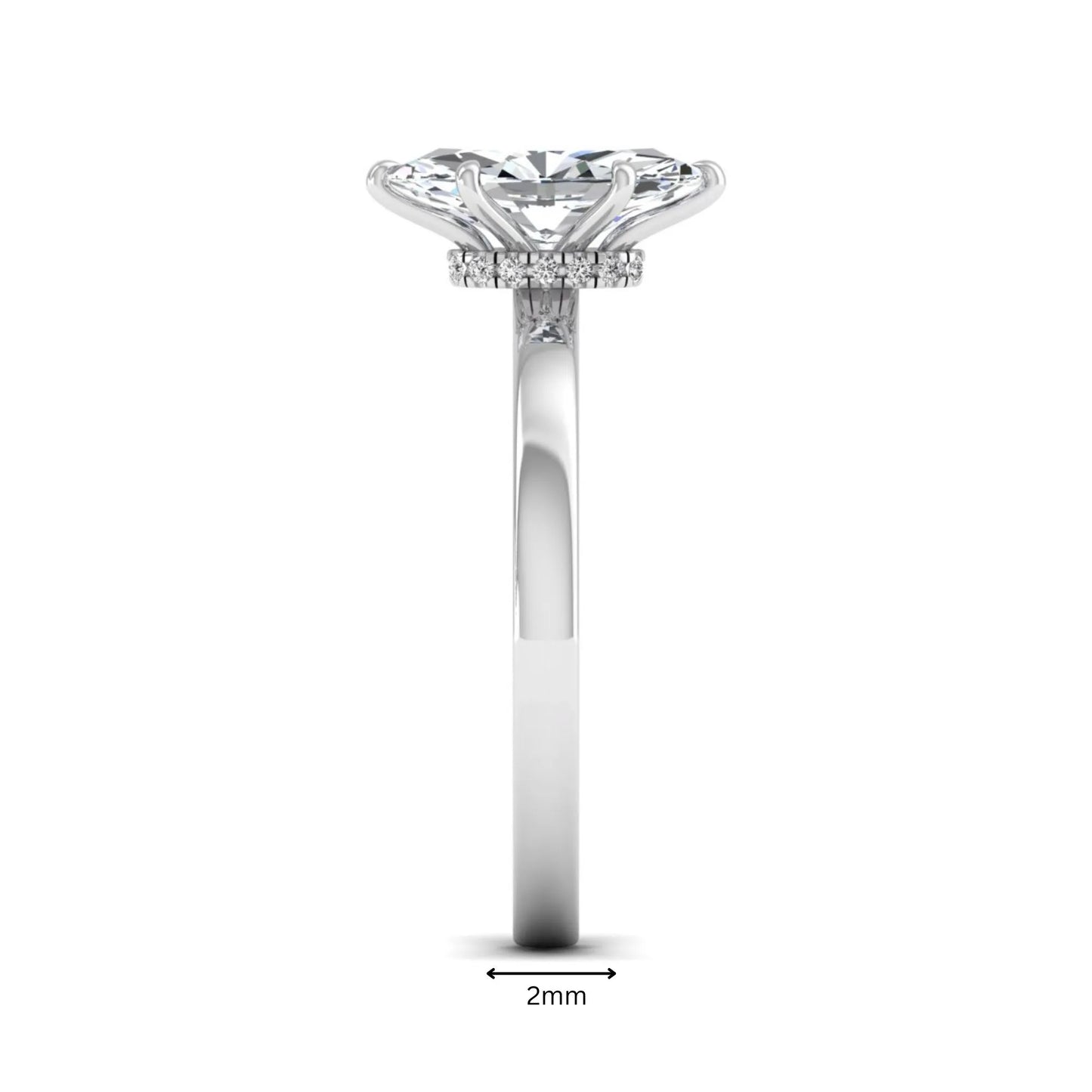 IGI Certified 1.10 carat marquise cut lab grown diamond solitaire engagement ring with hidden halo in white gold.