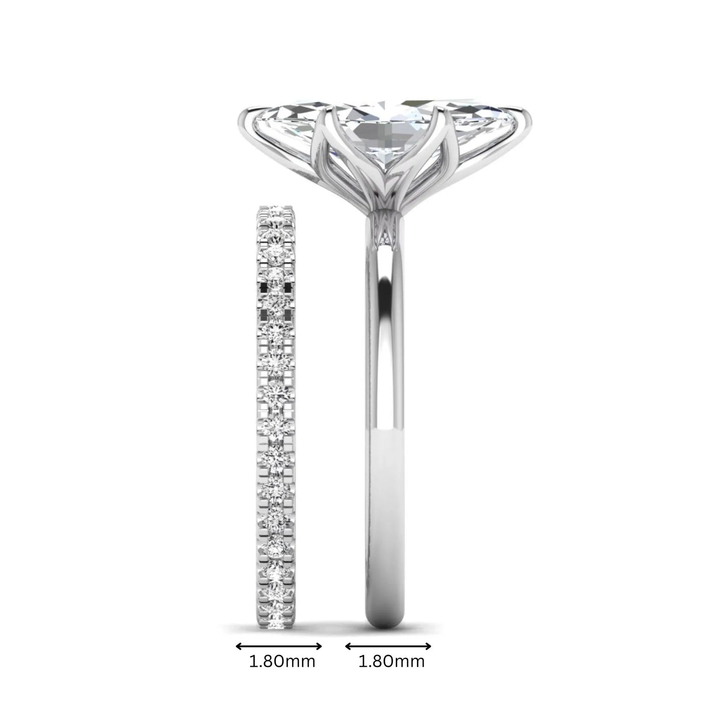 IGI Certified 2.11 carat marquise cut lab grown diamond engagement ring set with matching round diamond wedding band in white gold.