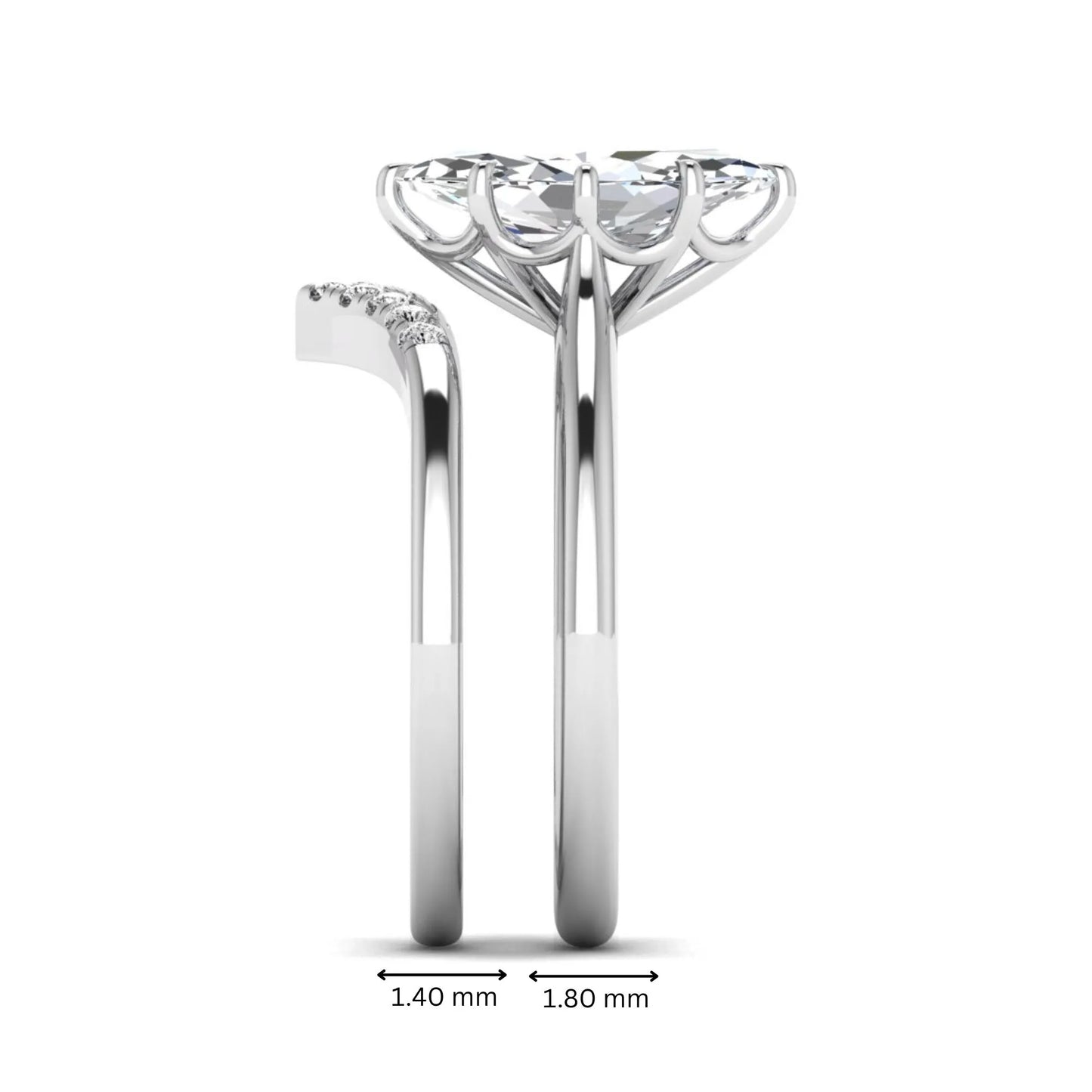 Marquise cut lab grown diamond bypass engagement ring with round side diamonds in a prong setting and white gold tone band.