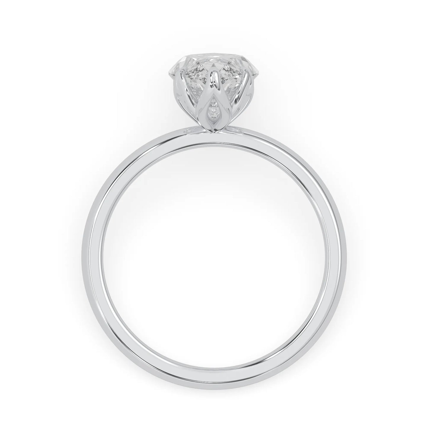 Marquise cut lab grown diamond solitaire engagement ring with six prong setting in white gold tone featuring an elongated elegant design.
