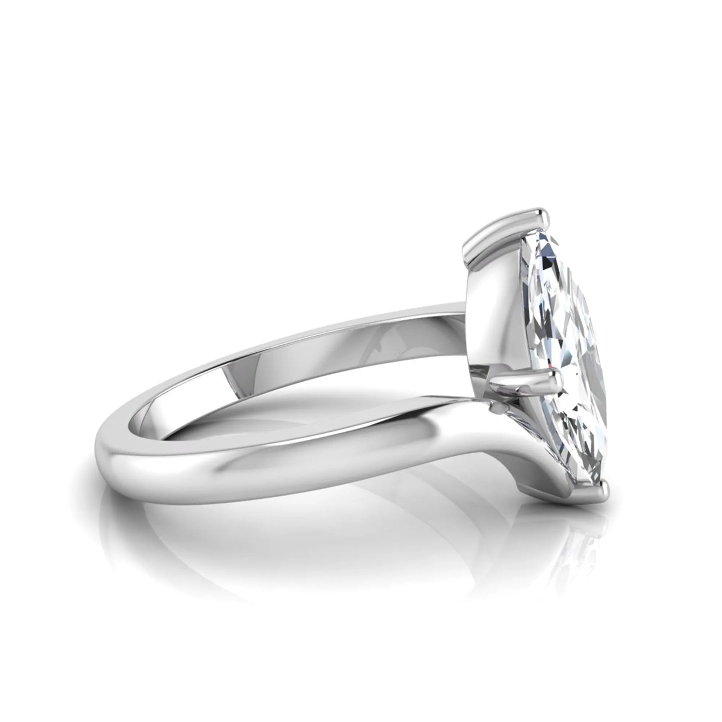 Marquise cut lab grown diamond solitaire engagement ring featuring a four-prong setting with an elegant bypass-style band in white gold finish.