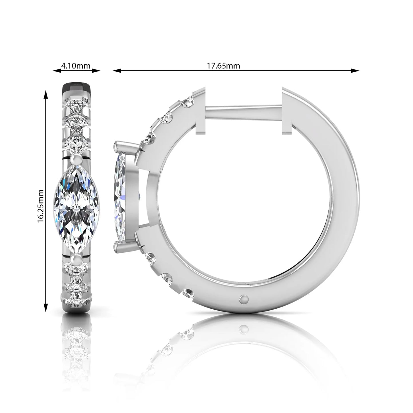Marquise and round lab grown diamond pavé huggie hoop earrings featuring a vertical four prong marquise center diamond with graduated round pavé diamonds in white gold.