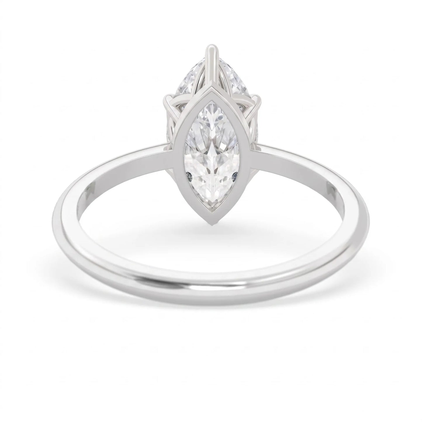 Marquise cut lab grown diamond solitaire engagement ring featuring a six prong basket setting with a polished 2 mm band in white gold tone.