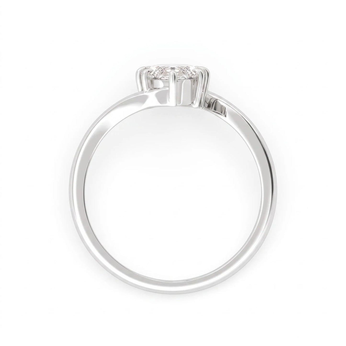 Marquise cut lab grown diamond solitaire engagement ring featuring a graceful bypass band with a six-prong setting in a polished white gold tone.