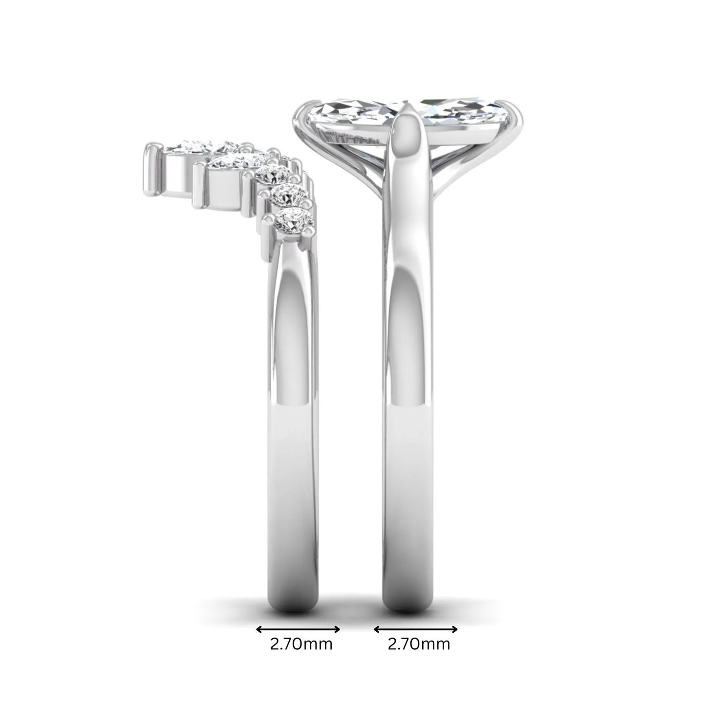 Marquise solitaire lab grown diamond bridal ring set featuring a four-prong marquise center diamond with a crown-inspired contour wedding band accented by pear and round diamonds in white gold