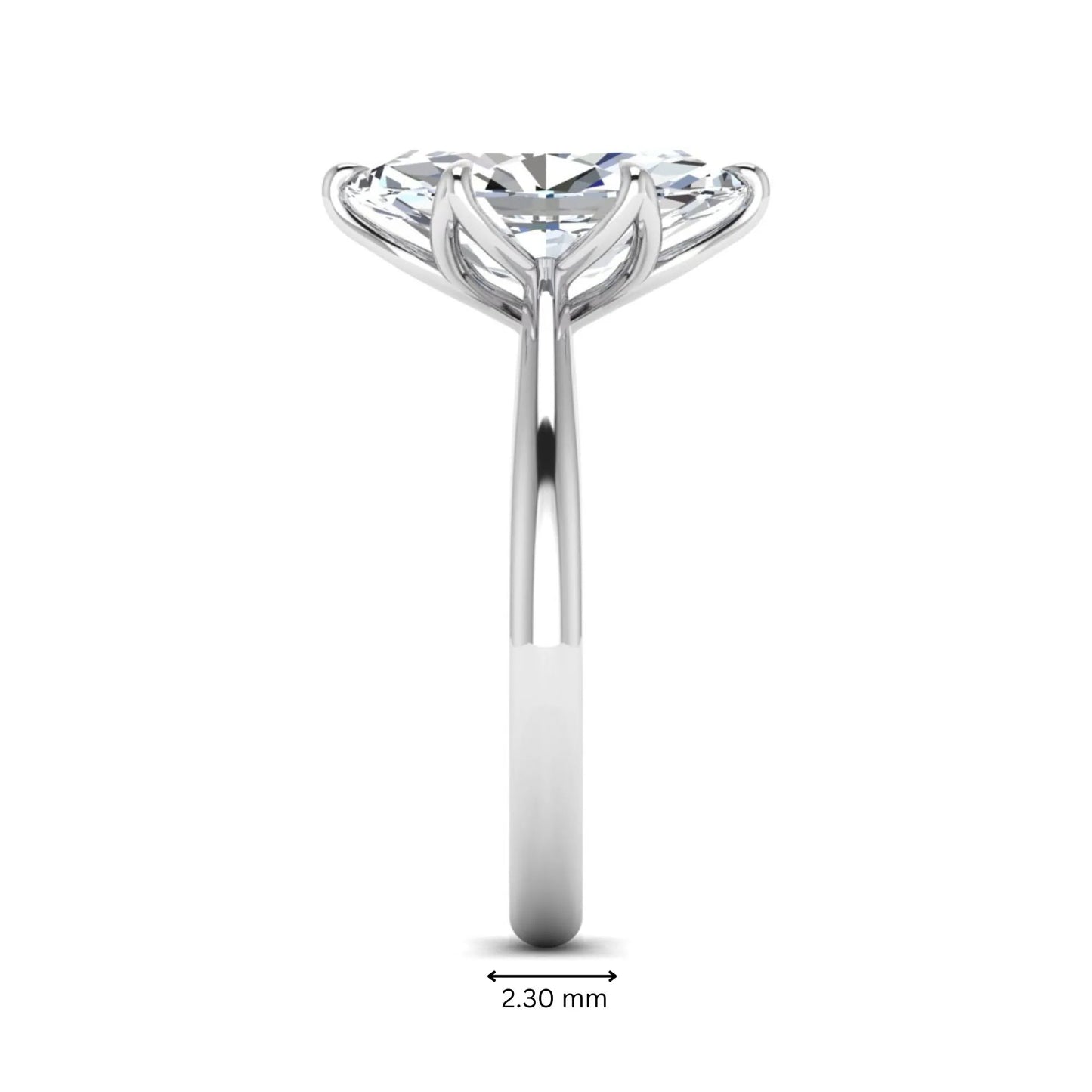 Marquise cut lab grown diamond solitaire engagement ring with six-prong setting and white gold tone band.