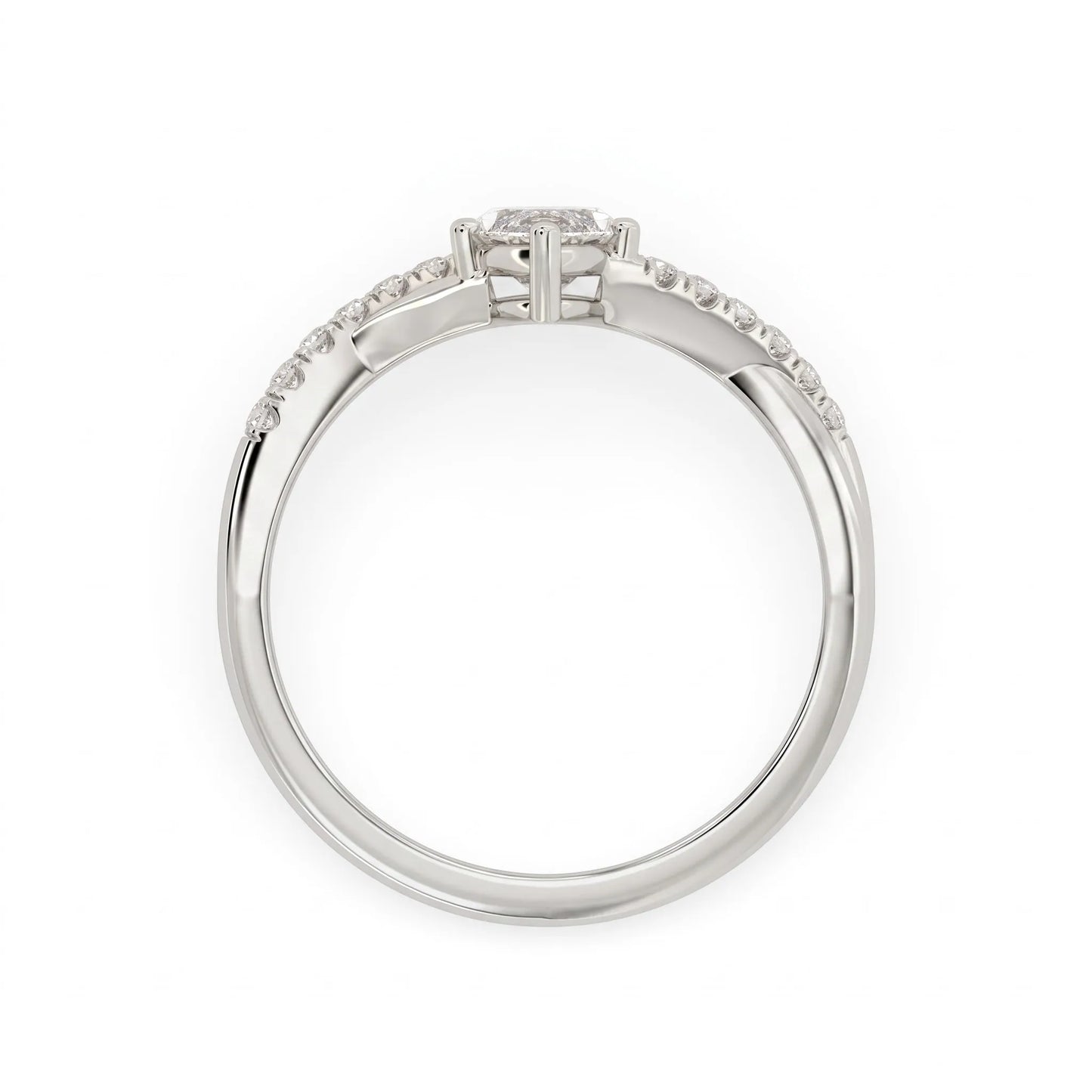 IGI Certified 0.95 carat marquise cut lab grown diamond split shank engagement ring with round accent diamonds in white gold.
