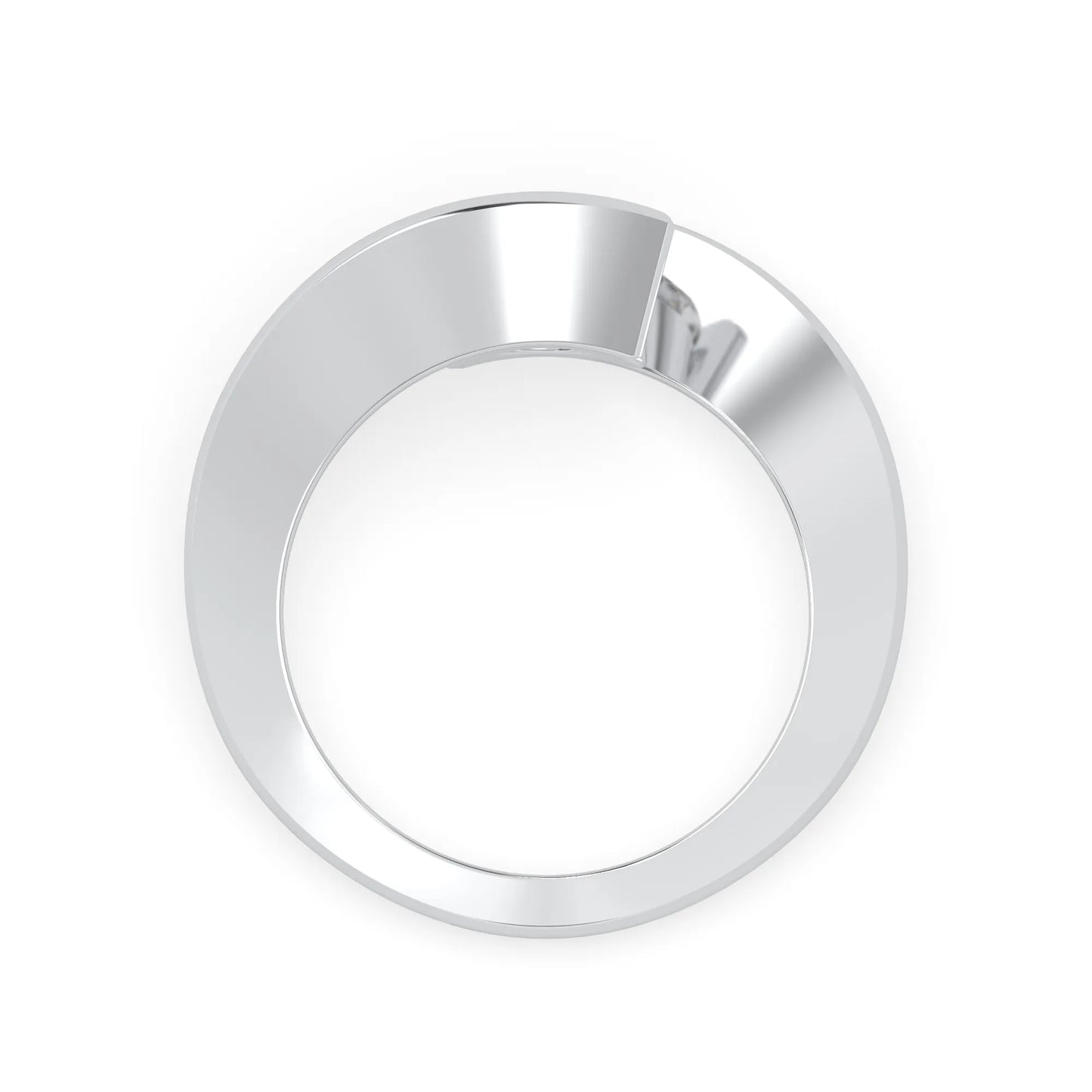 Round cut lab grown diamond solitaire engagement ring with a modern bypass setting in a white gold tone contemporary design.