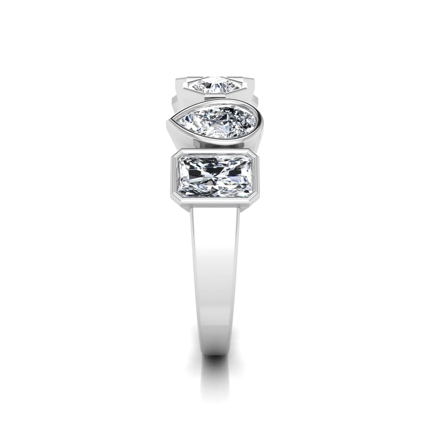Multi shape lab grown diamond band ring featuring princess, emerald, marquise, pear, radiant, and asscher cut diamonds in bezel settings with a white gold style.