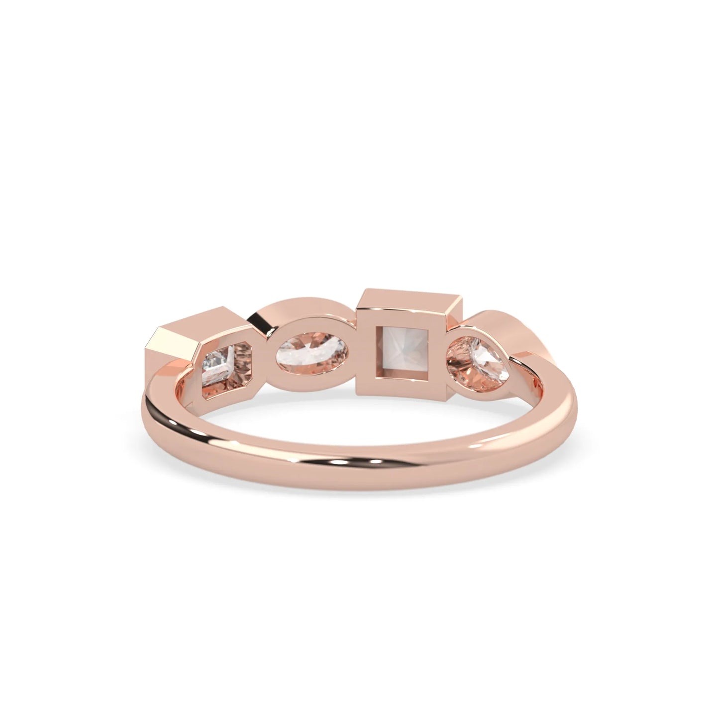 Multi shape lab grown diamond half eternity wedding band with emerald, pear, oval and princess cut diamonds in bezel settings in rose gold