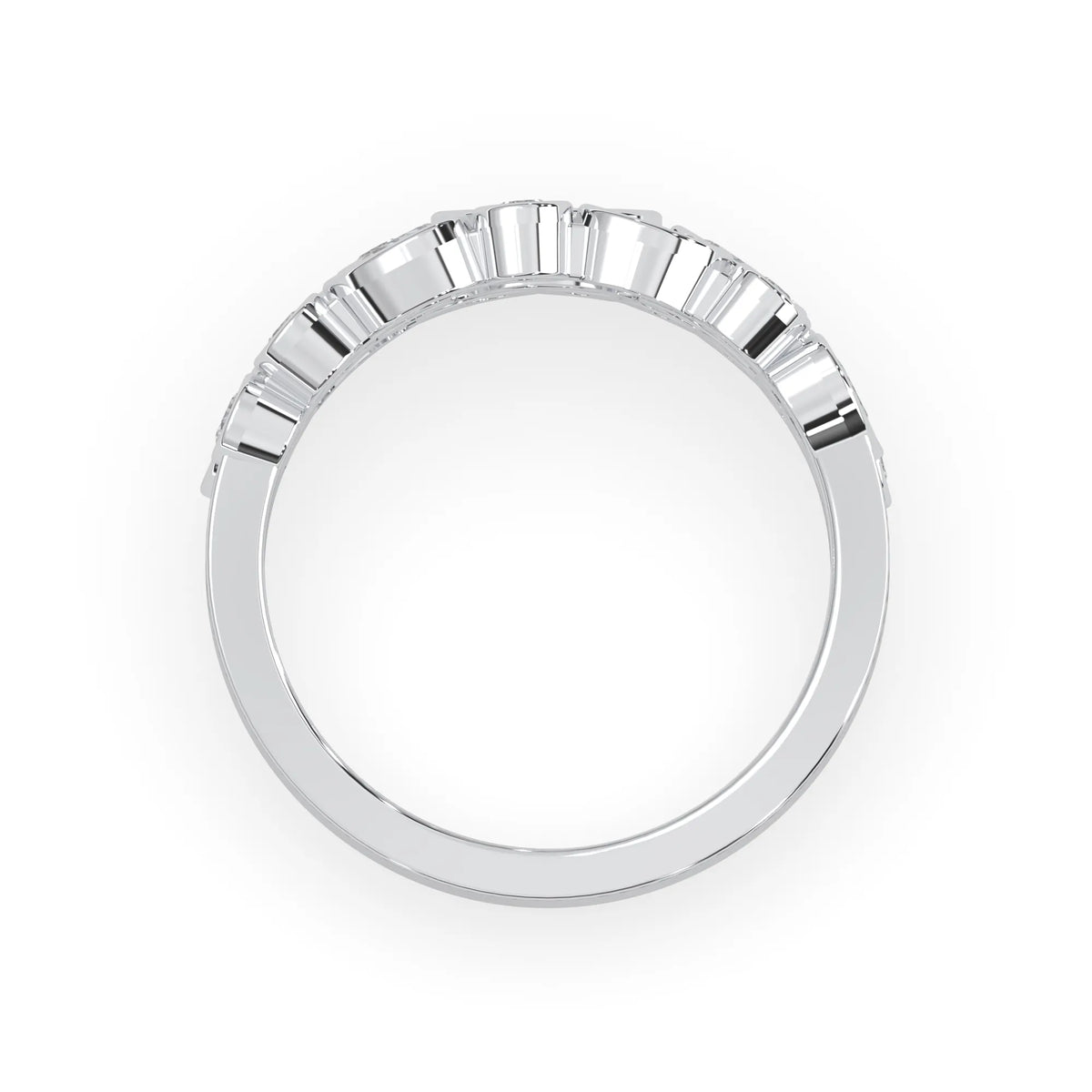 Multi shape bezel set three row lab grown diamond engagement ring with marquise, pear, and round diamonds in white gold