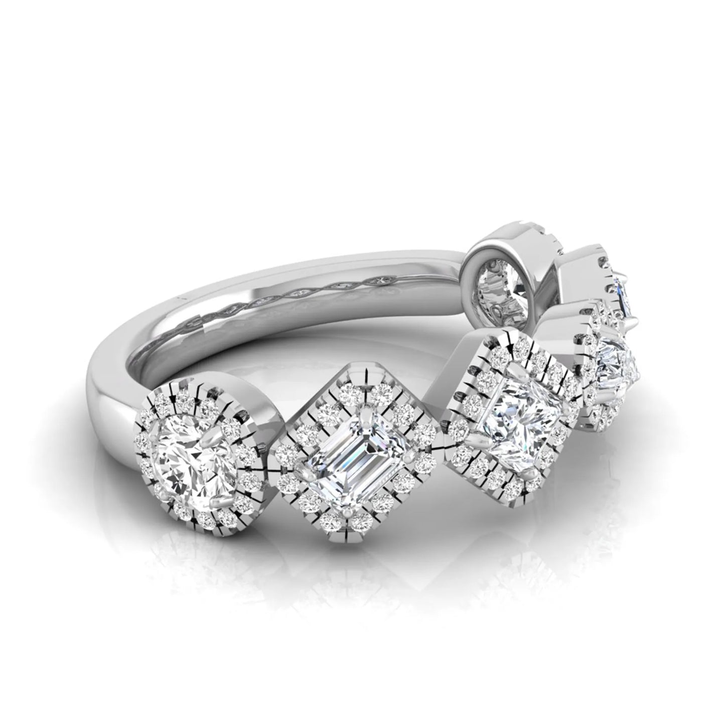 Multi shape lab grown diamond halo band ring featuring emerald, princess, pear, and round cut diamonds totaling 0.97 carats in white gold.