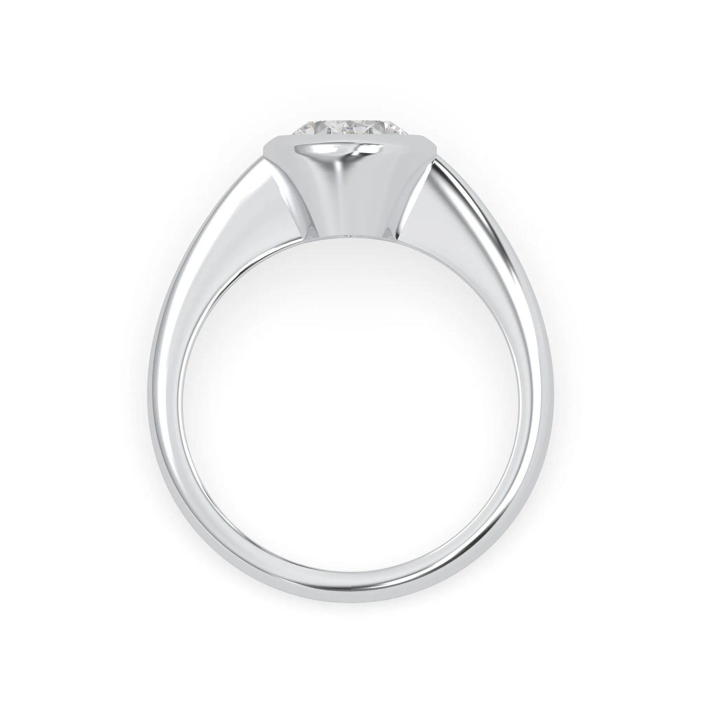 Oval cut lab grown diamond solitaire engagement ring in a bezel setting with a white gold tone minimalist band.