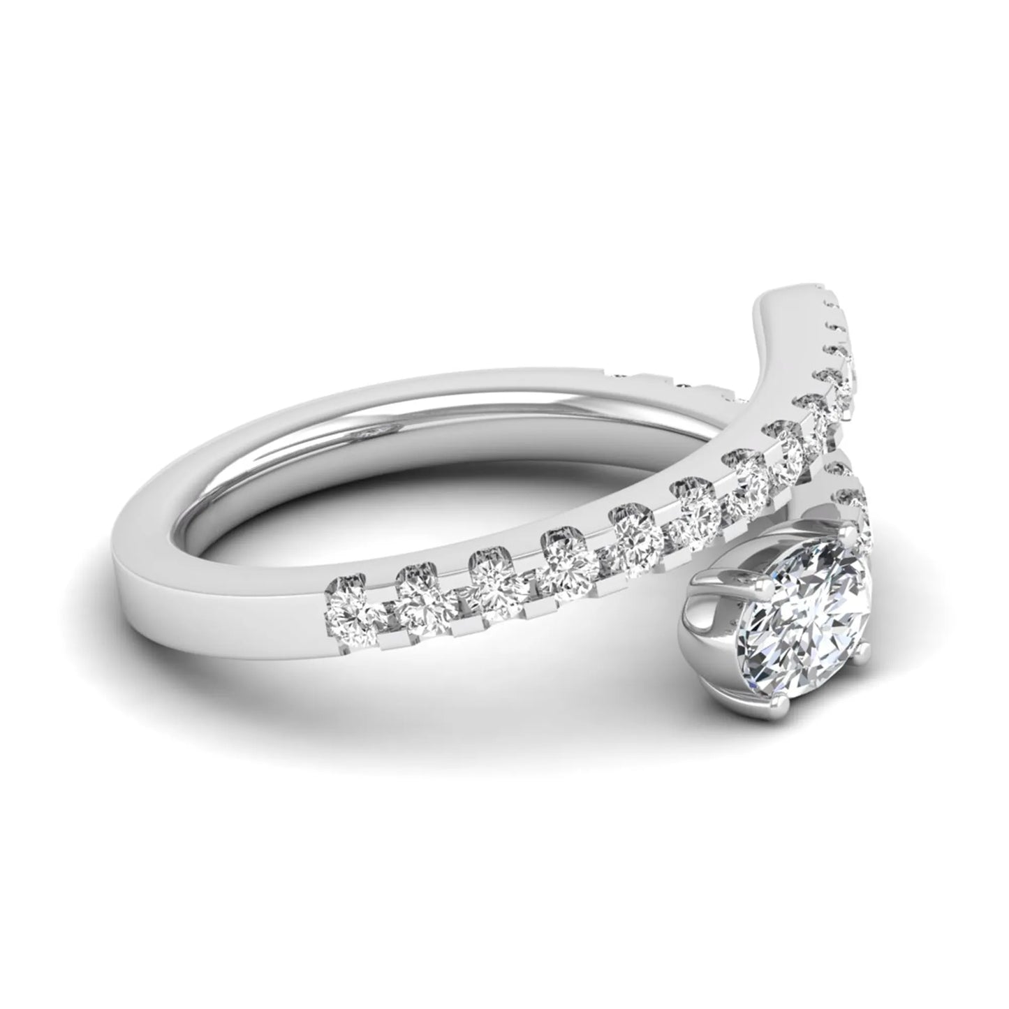 Oval cut lab grown diamond bypass engagement ring with round pavé accent diamonds in a four-prong setting in white gold