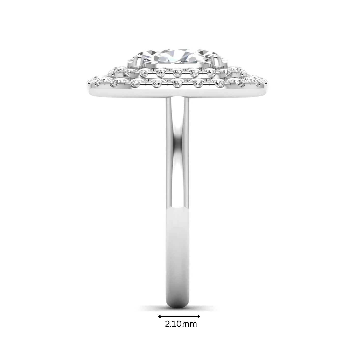 IGI certified oval cut lab grown diamond double halo engagement ring with round accent diamonds in white gold.