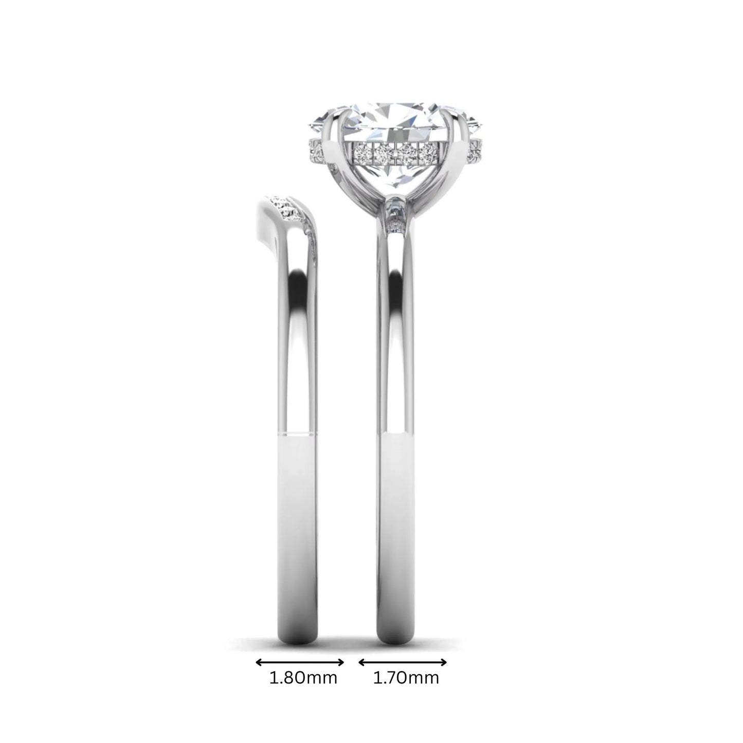 IGI certified oval cut lab grown diamond bridal ring set featuring a hidden halo engagement ring with a matching curved diamond wedding band in white gold.