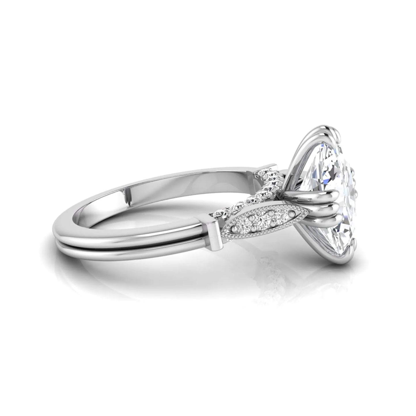 Oval cut lab grown diamond engagement ring with marquise accent shoulders, hidden diamond bridge, and white gold metal tone.