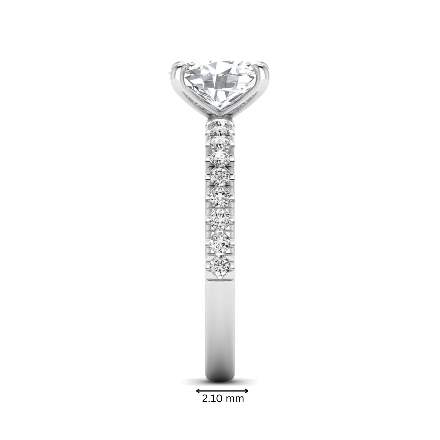 IGI certified oval cut lab grown diamond solitaire accent engagement ring with pavé round diamond band in white gold.