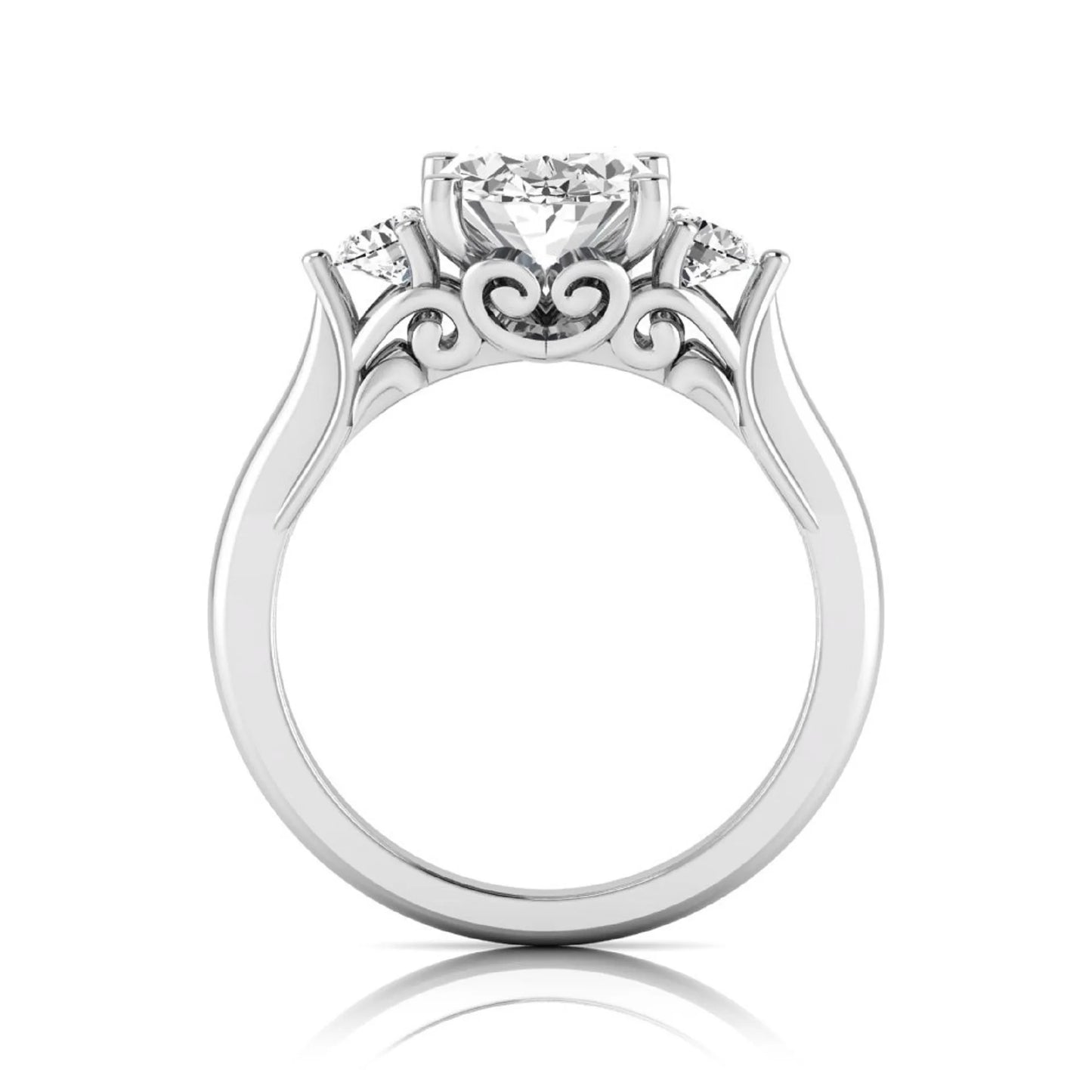 Oval cut lab grown diamond three stone engagement ring featuring a 1.86 carat IGI certified center diamond with round side diamonds in yellow gold.