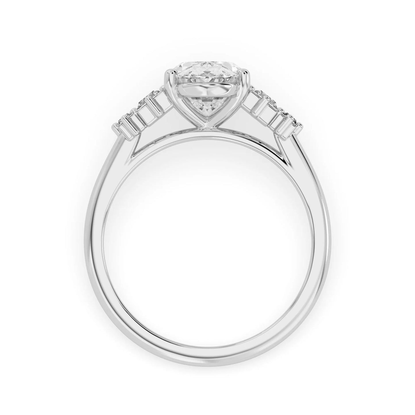 IGI Certified 2.00 carat oval cut lab grown diamond five stone engagement ring with baguette side diamonds in white gold.