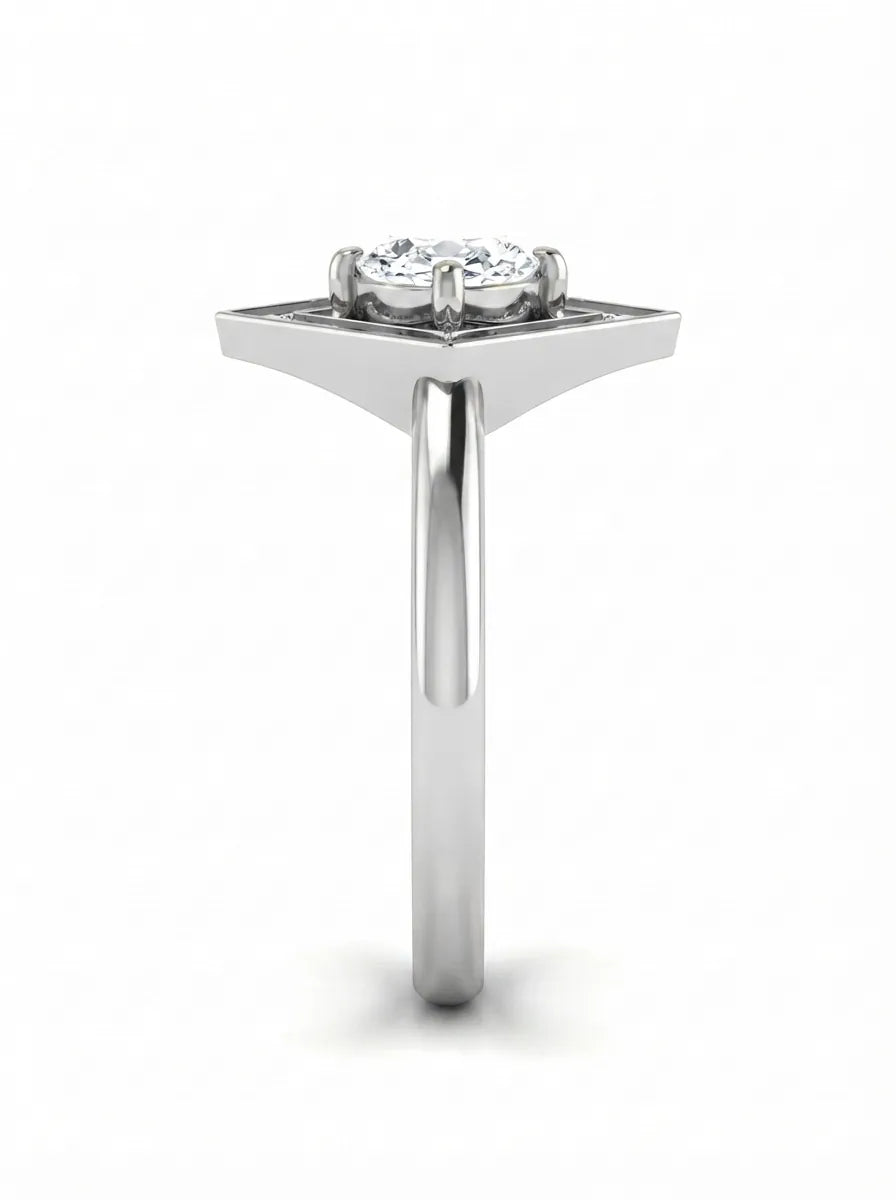 Oval cut lab grown diamond engagement ring with a geometric diamond halo in a white gold setting