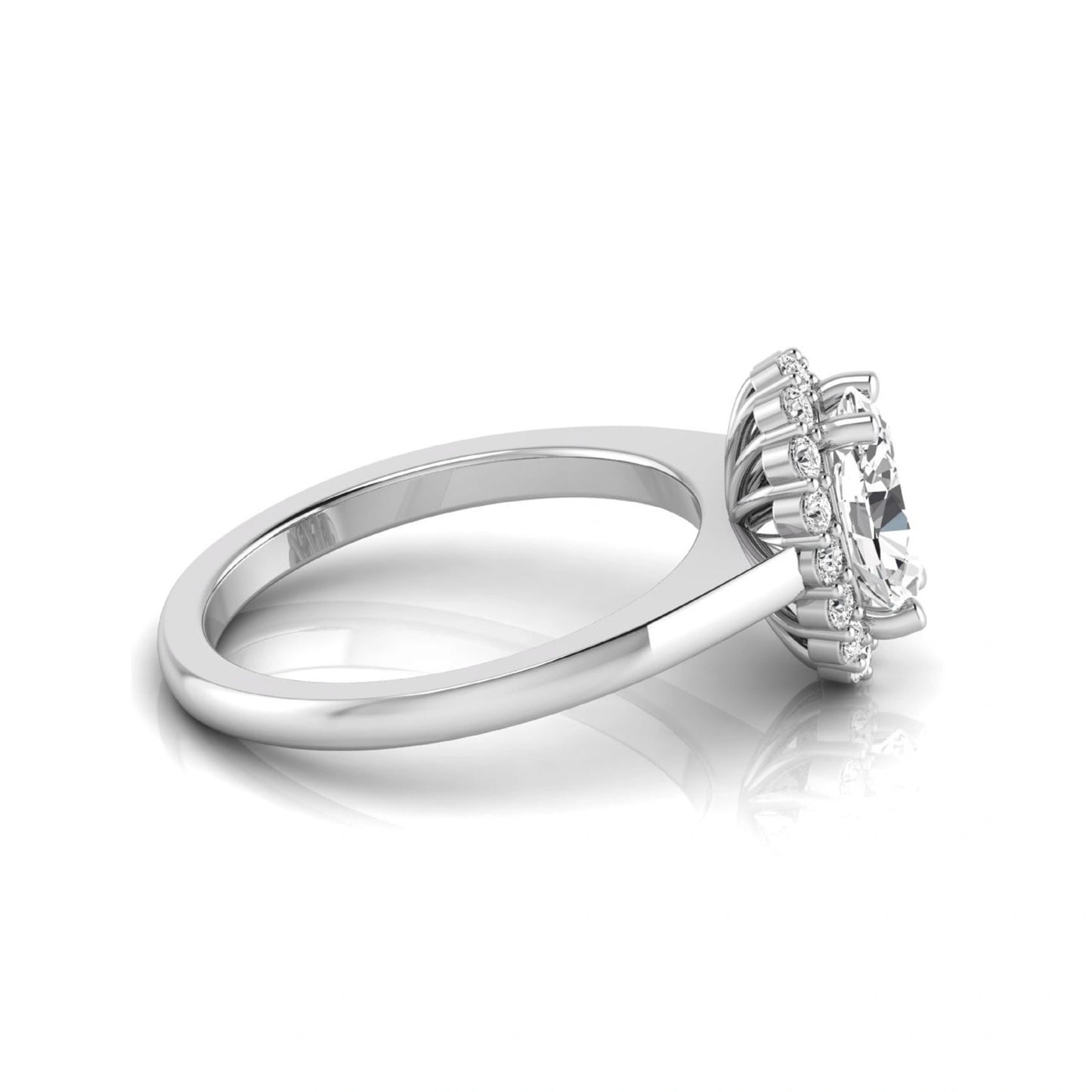 Oval halo lab grown diamond engagement ring featuring a 1.41 carat oval center diamond surrounded by round accent diamonds in a classic halo setting in white gold