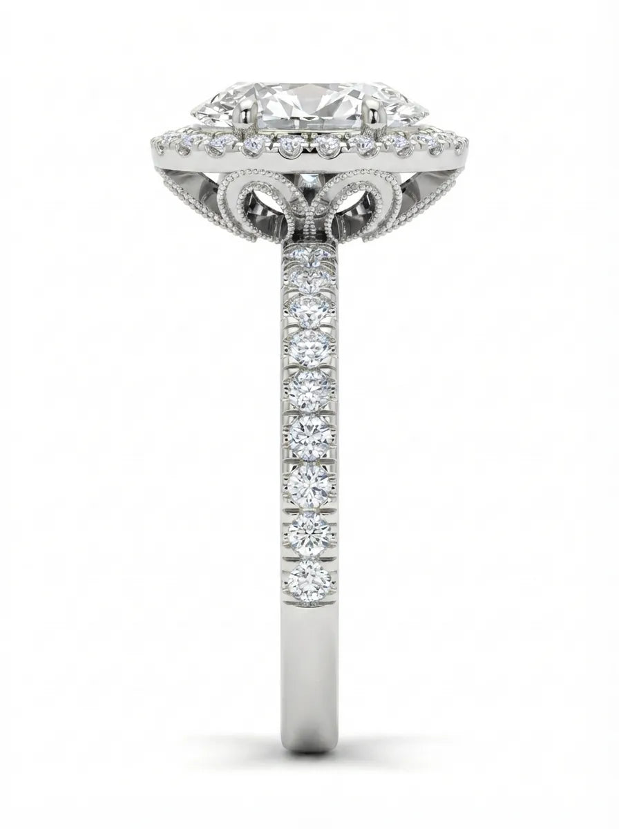 Oval cut lab grown diamond halo engagement ring with pavé round diamonds in a white gold setting