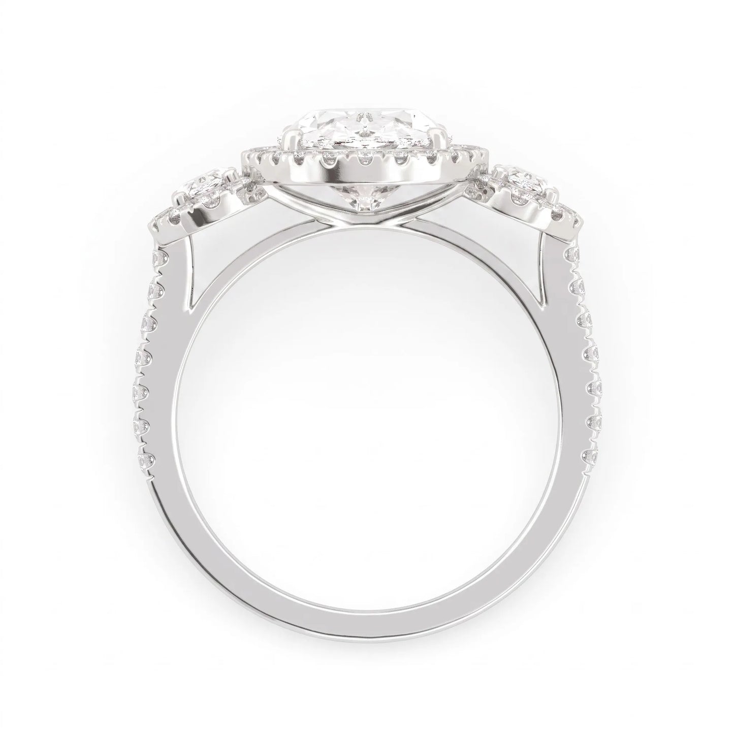Oval cut lab grown diamond three stone engagement ring featuring a halo center, halo oval side diamonds, pavé shoulders, and a polished white gold tone band.