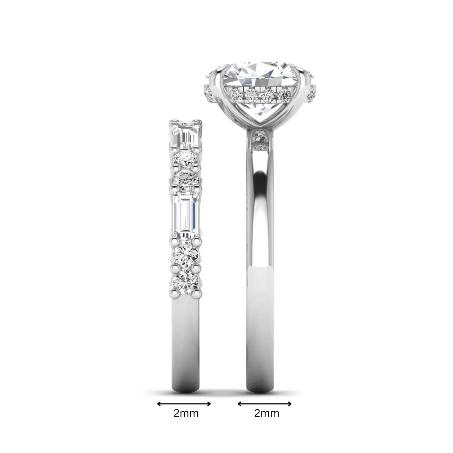 Oval cut lab grown diamond hidden halo bridal ring set featuring baguette and round side diamonds in white gold tone design.