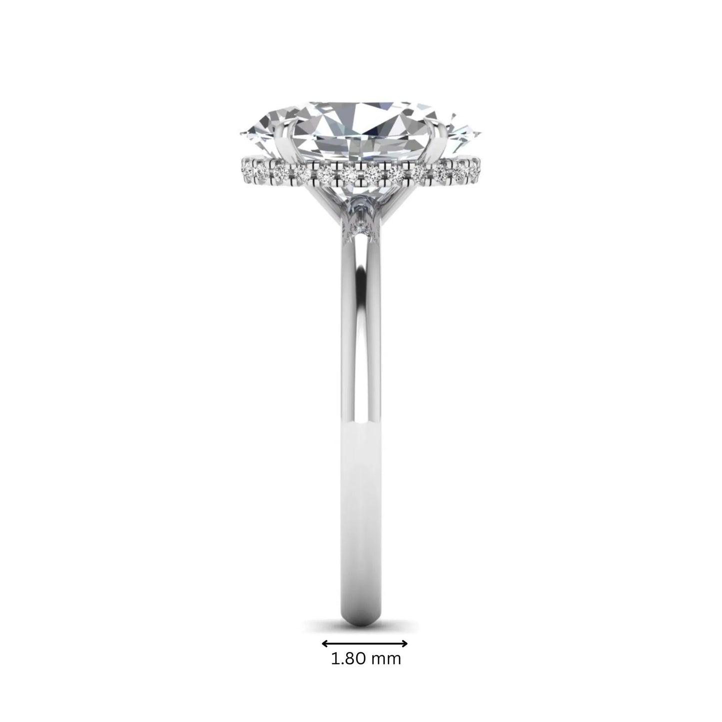 Oval cut hidden halo lab grown diamond engagement ring featuring a 2.99 carat IGI certified center diamond with round hidden halo accents in white gold.
