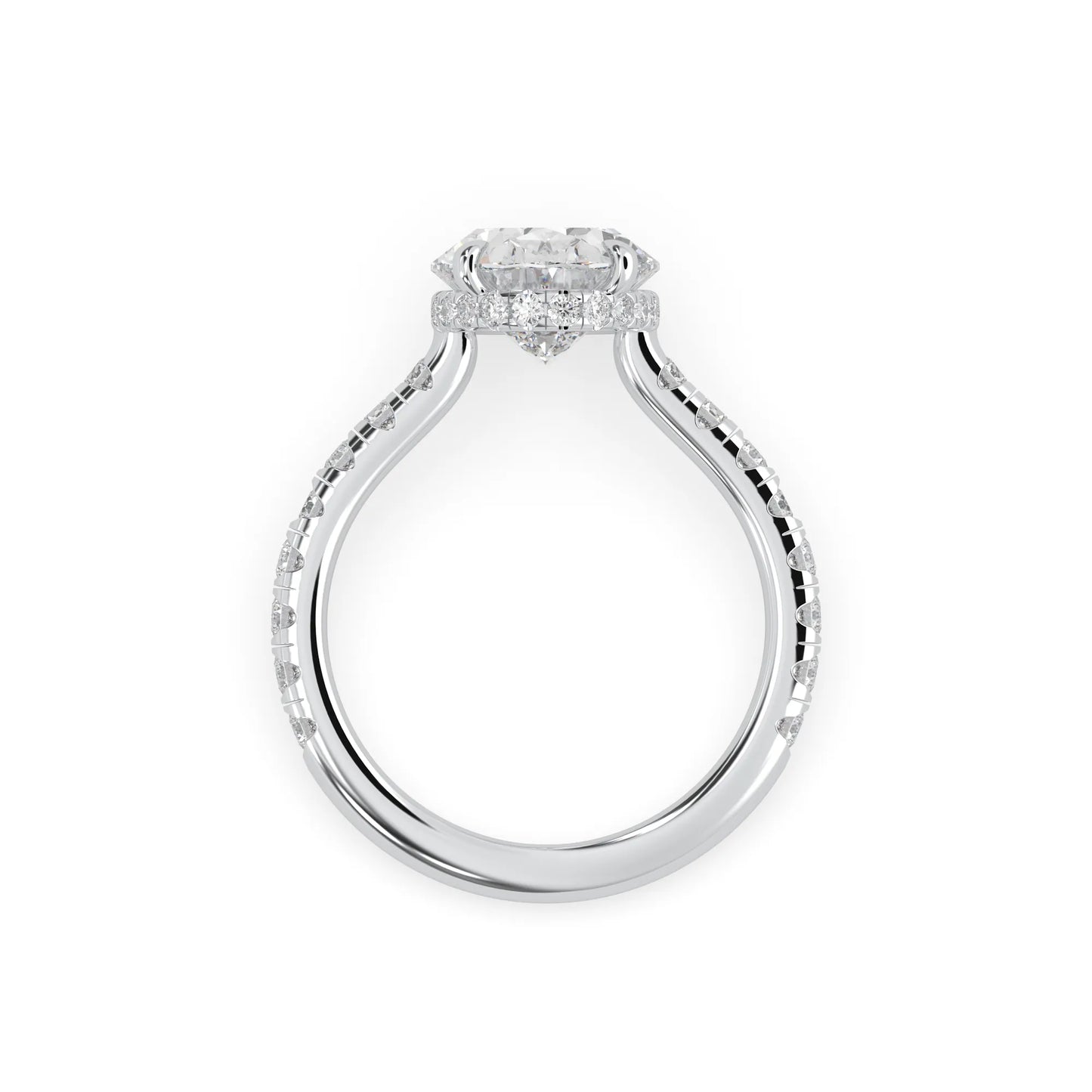 Oval cut lab grown diamond hidden halo engagement ring with pavé band and four-prong setting in a white gold tone design.