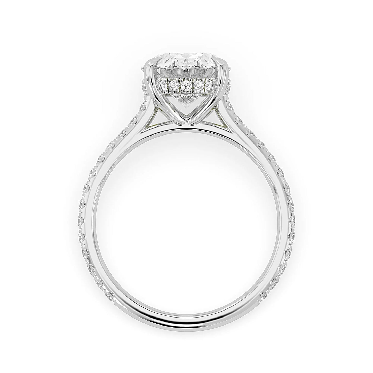 IGI Certified 2.54 carat oval cut lab grown diamond hidden halo pavé engagement ring with round accent diamonds in white gold.