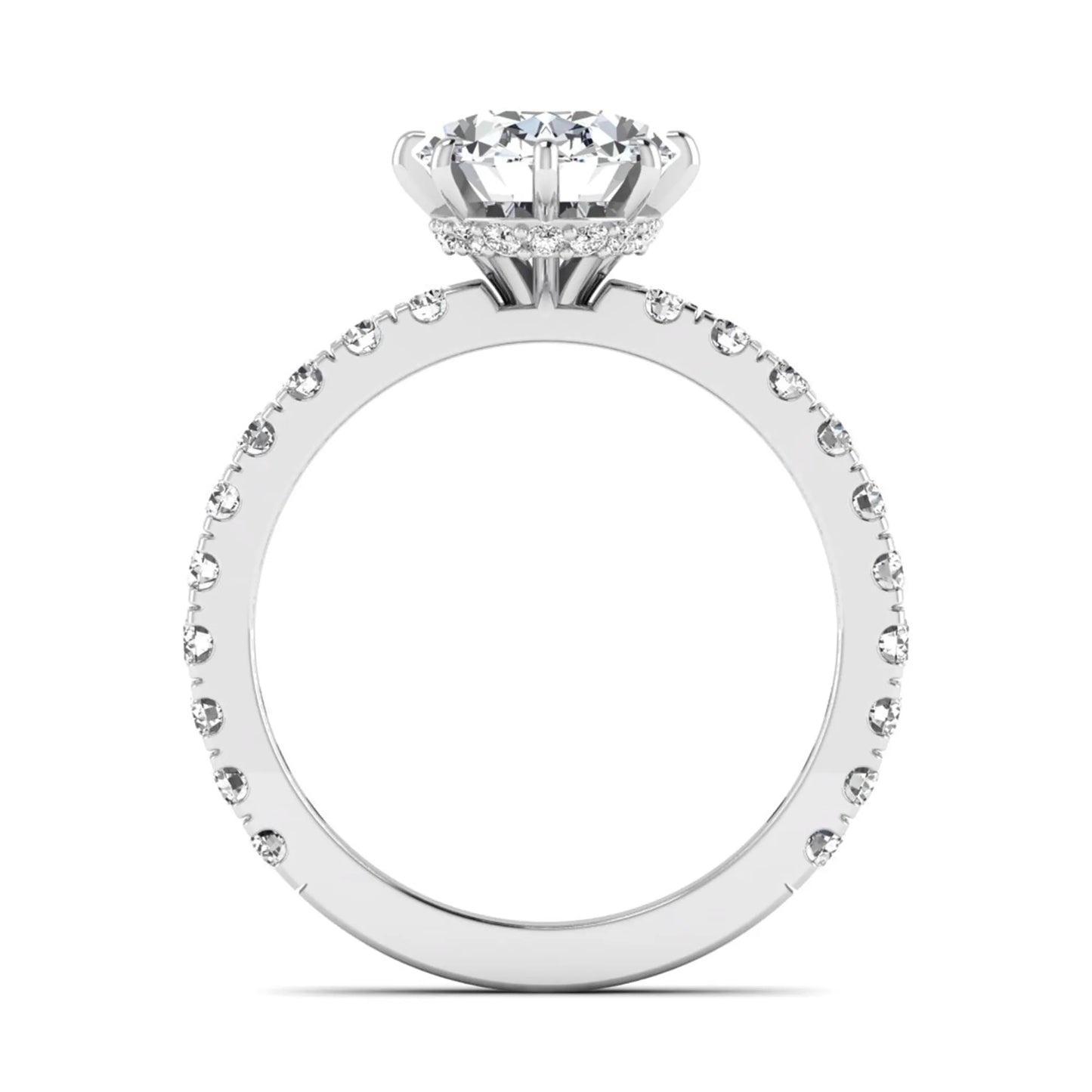 Oval Hidden Halo Pavé Lab Grown Diamond Engagement Ring featuring a 10.00 × 8.00 mm oval-cut center diamond with a hidden halo, pavé diamond band, and four-prong setting in white gold