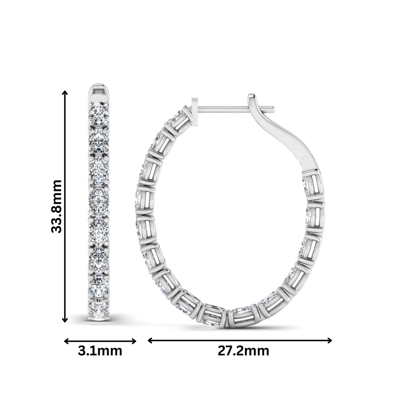 Oval cut lab grown diamond inside-out hoop earrings featuring shared prong settings, hinged snap closure, and white gold tone design.