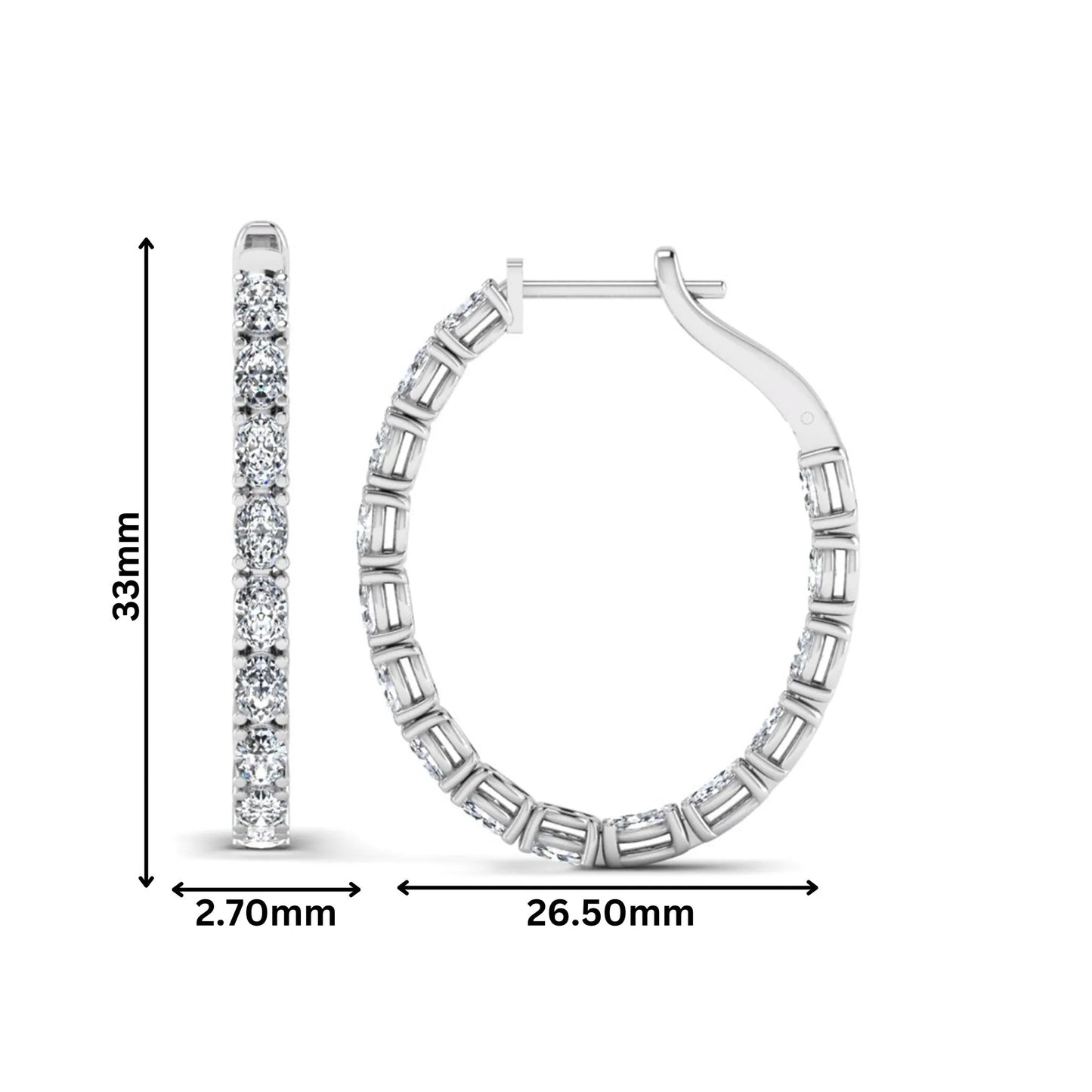 Oval cut lab grown diamond inside-out hoop earrings featuring shared prong settings, hinged snap closure, and white gold tone design.