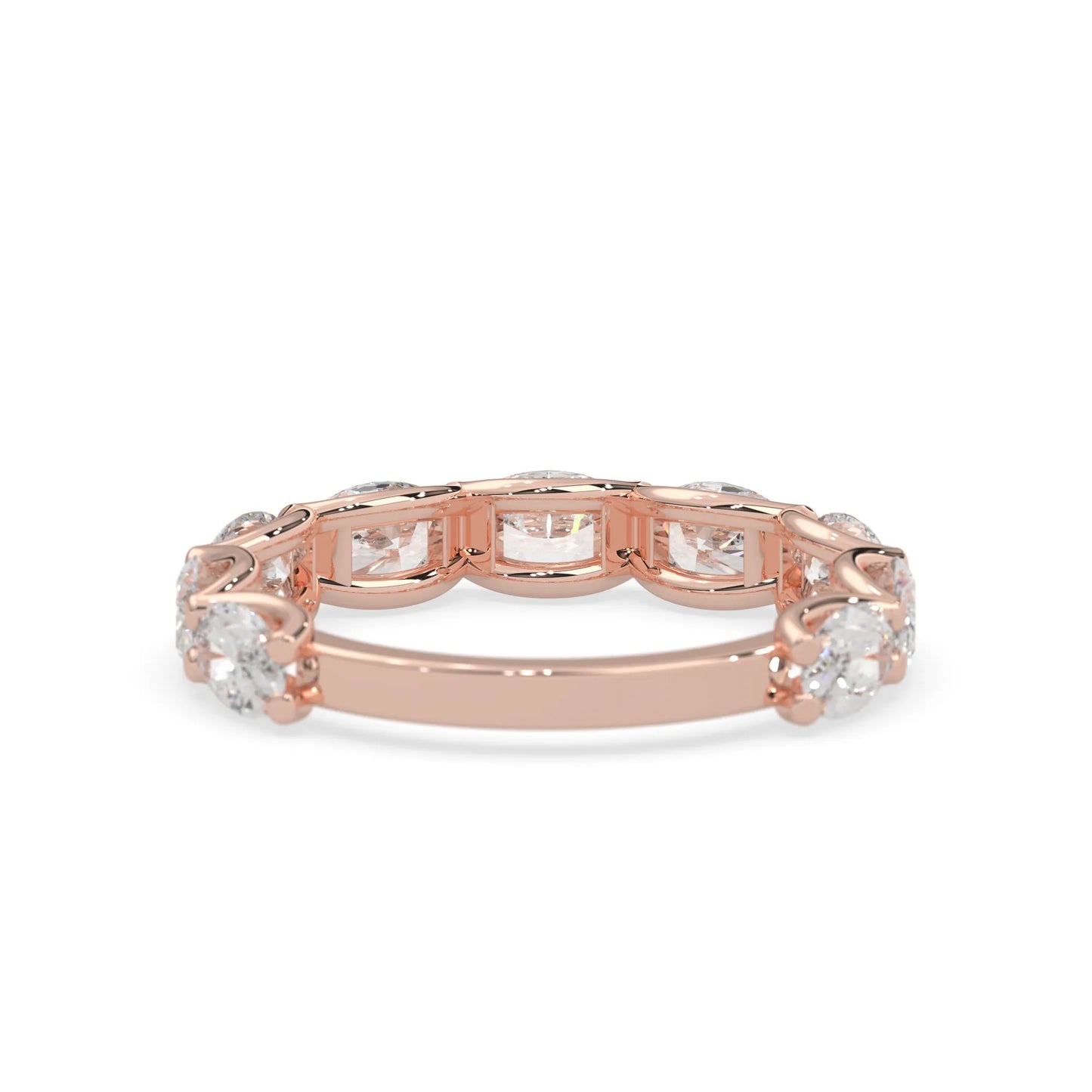 Oval lab grown diamond half eternity wedding band in a selected metal color with shared prong setting in rose gold